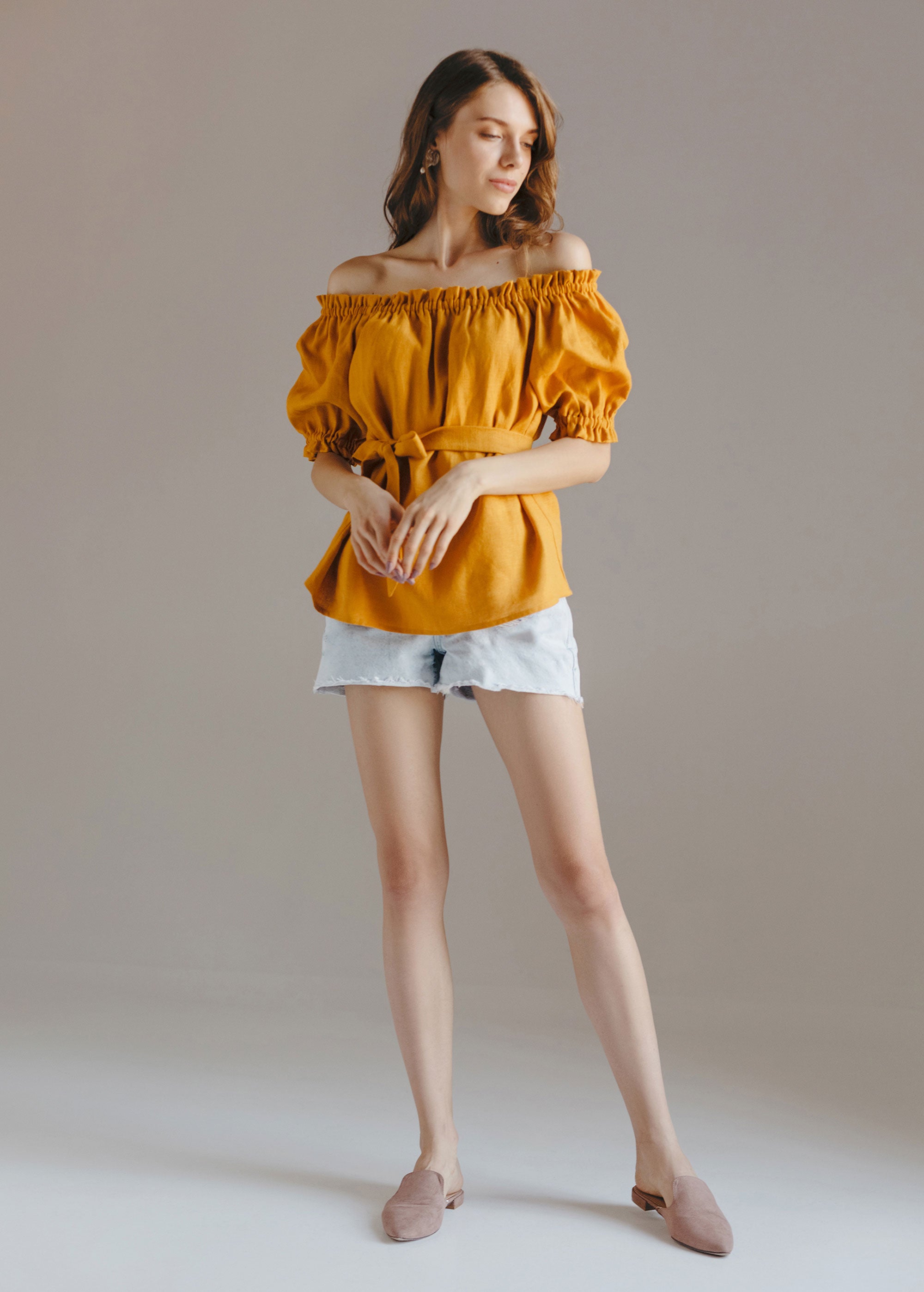 "Lia" Mustard Yellow Off the Shoulder Top