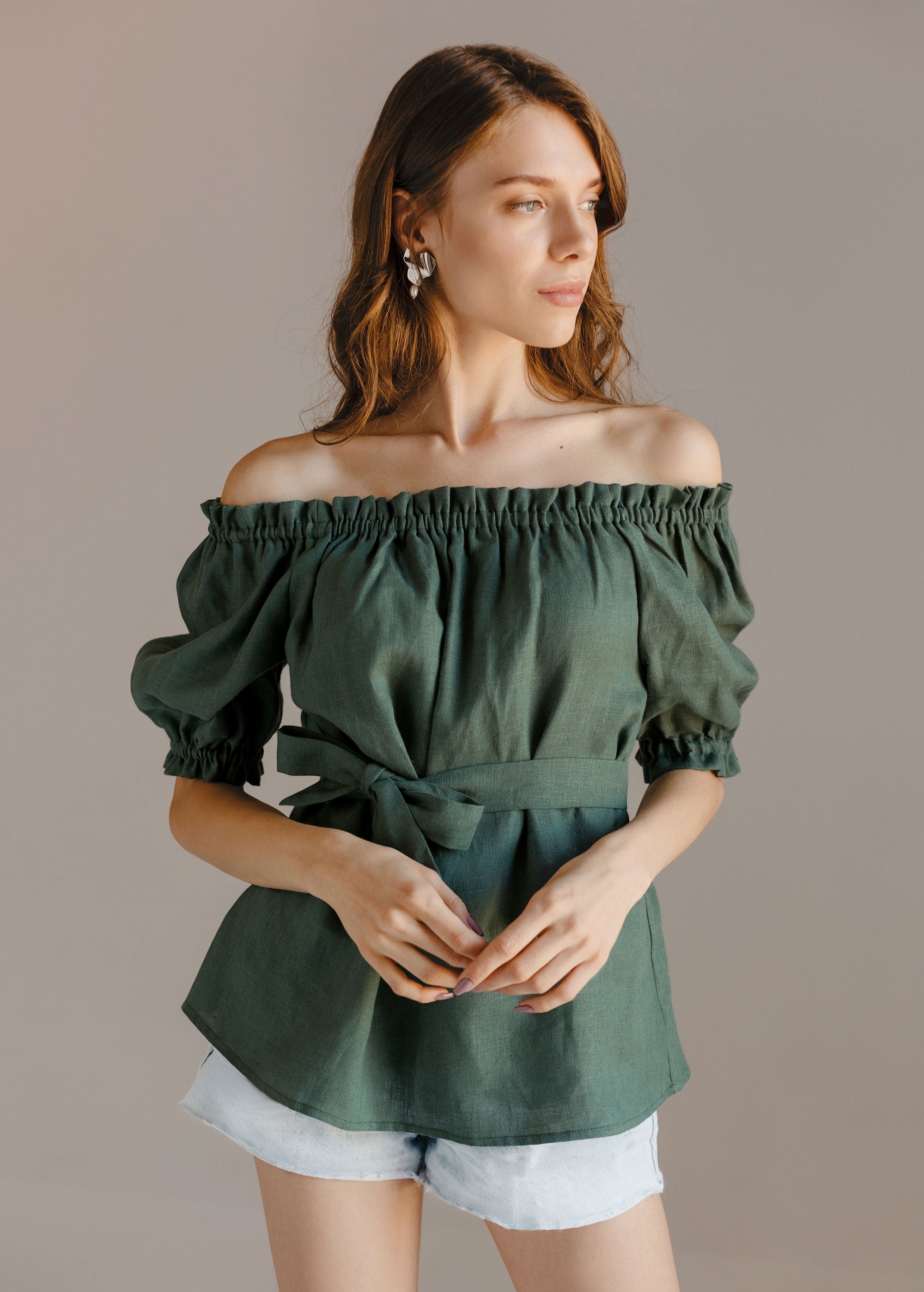 "Lia" Sage Green Off The Shoulder Top with sleeves