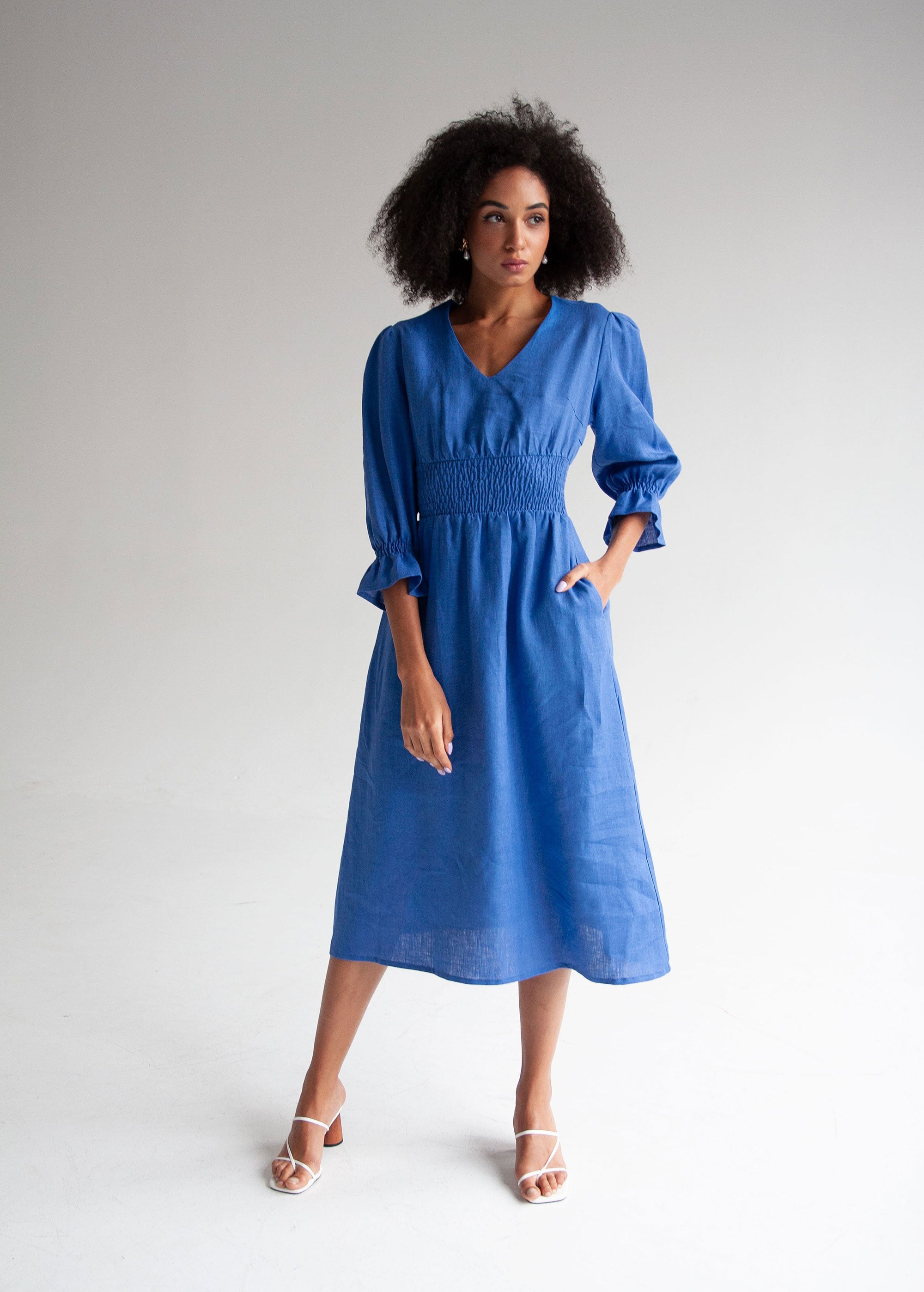 "Lisa" Blue Linen Midi Dress