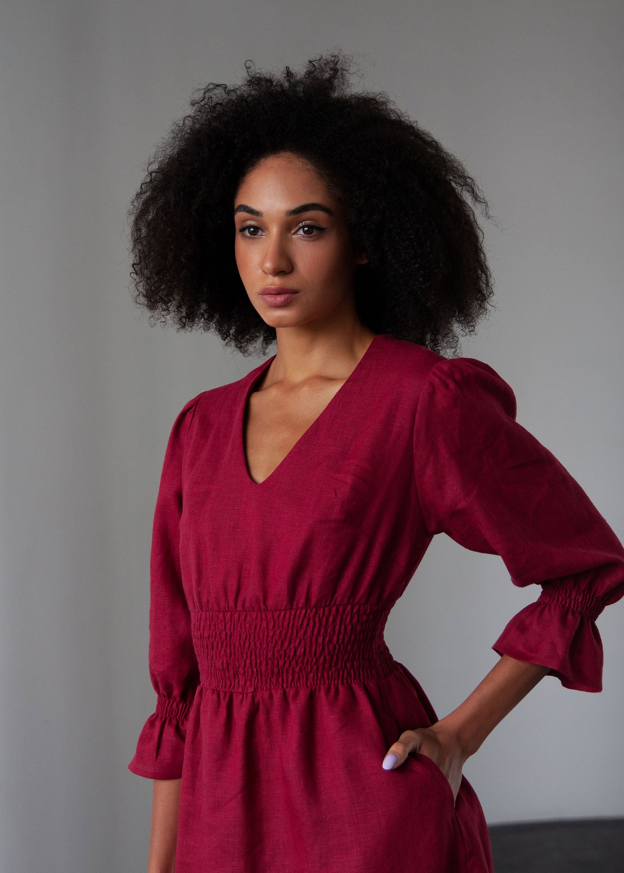 Robe Midi en Lin Bordeaux "Lisa"