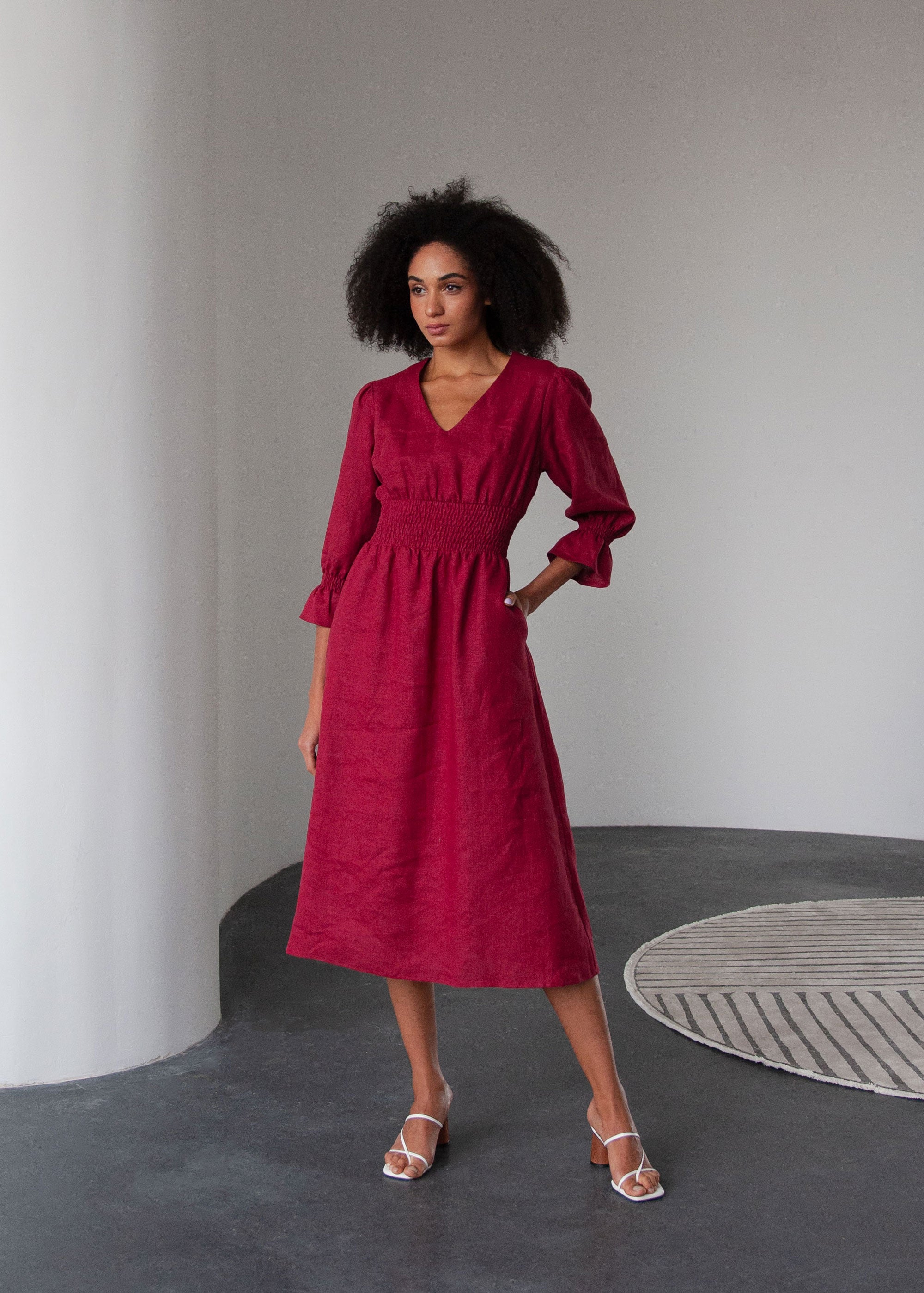 Robe Midi en Lin Bordeaux "Lisa"