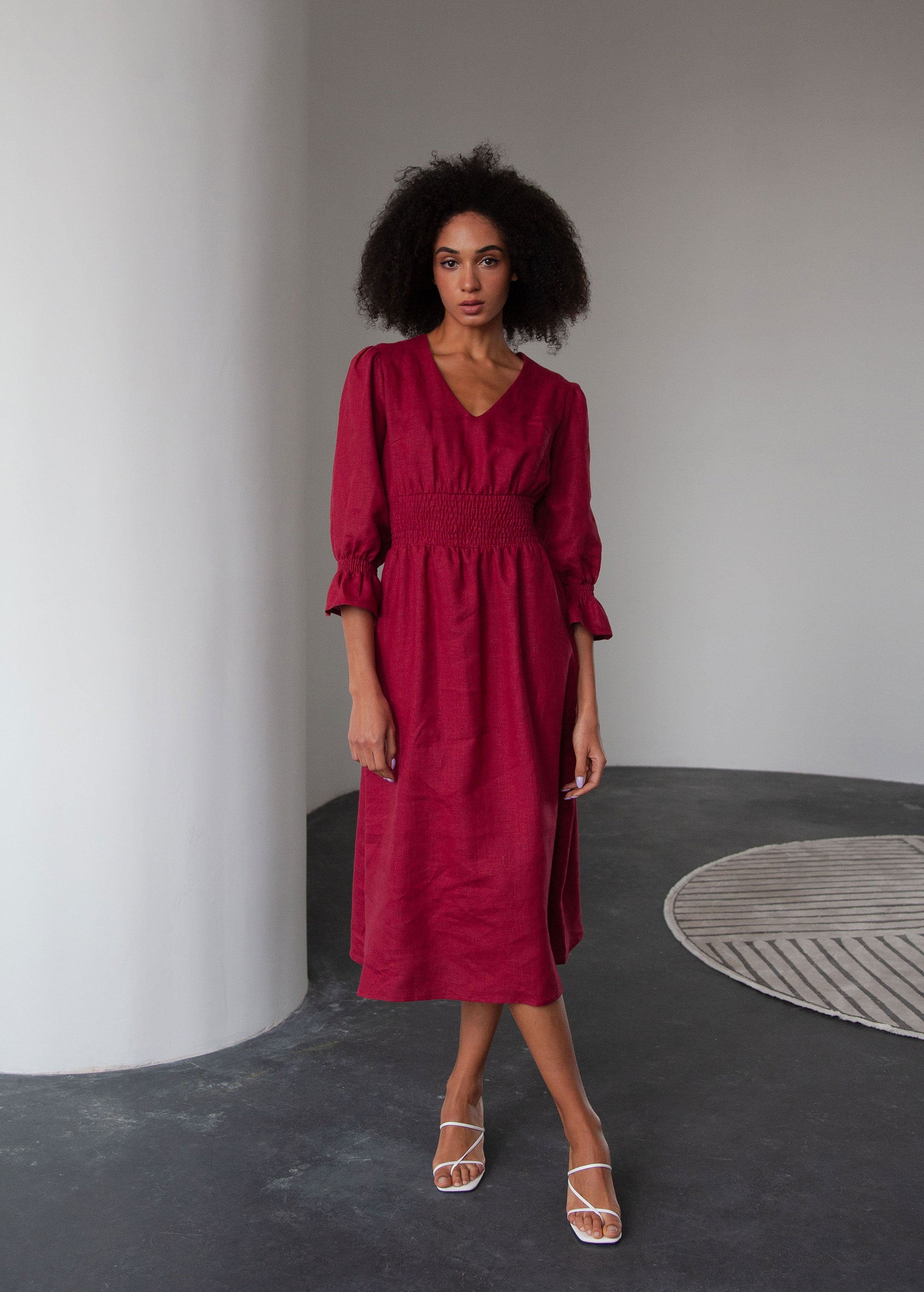 "Lisa" Burgundy Linen Midi Dress