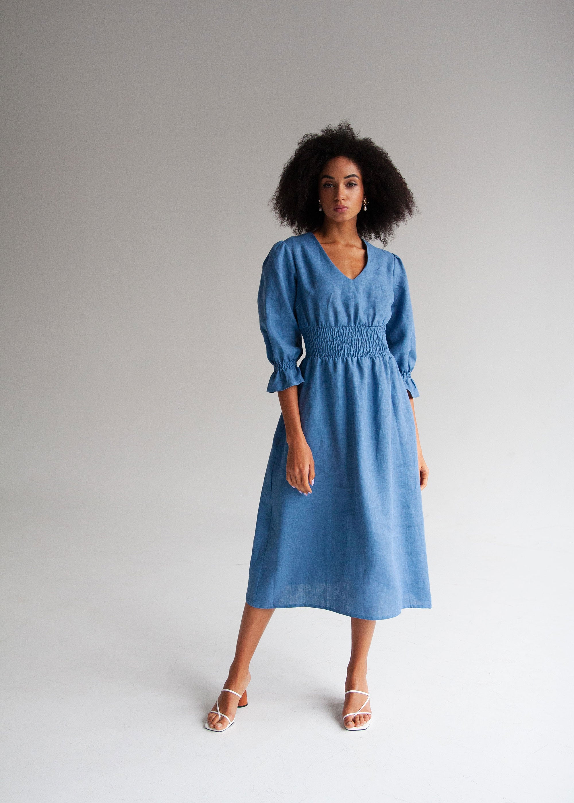 "Lisa" Denim Blue Linen Midi Dress