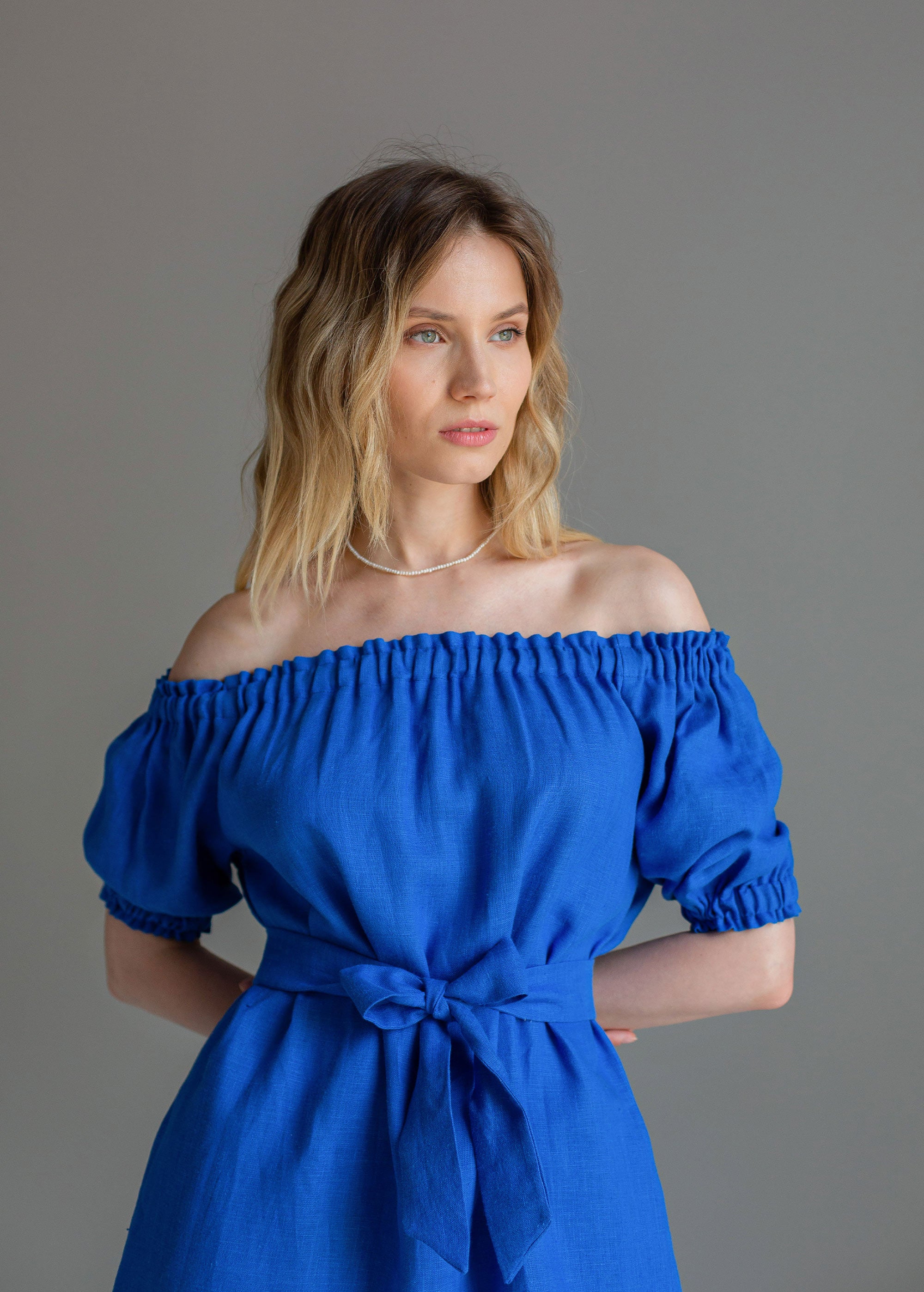 "Lia" blue linen mini dress