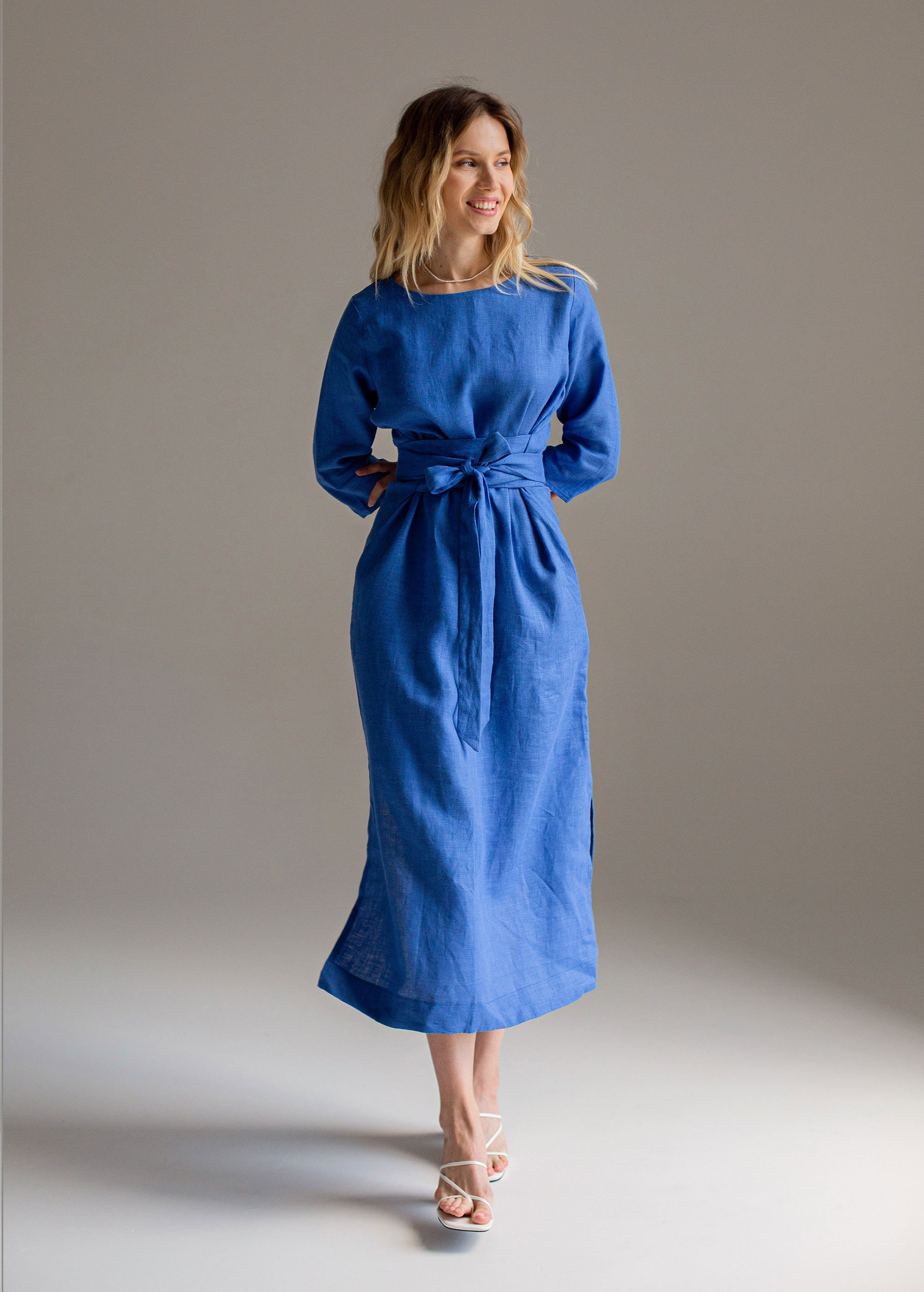 "Audrey" Blue Linen Maxi Dress