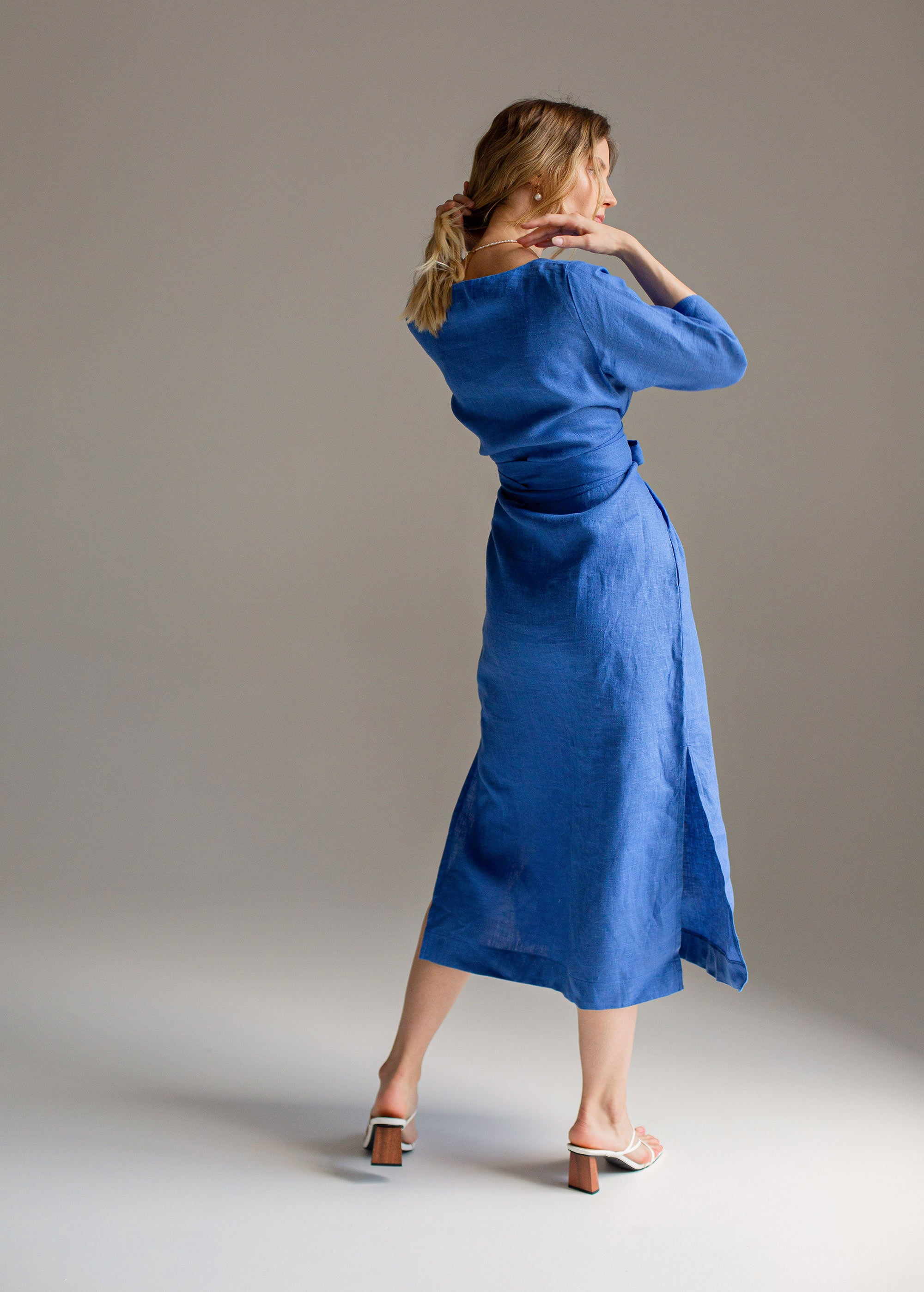 "Audrey" Blue Linen Maxi Dress