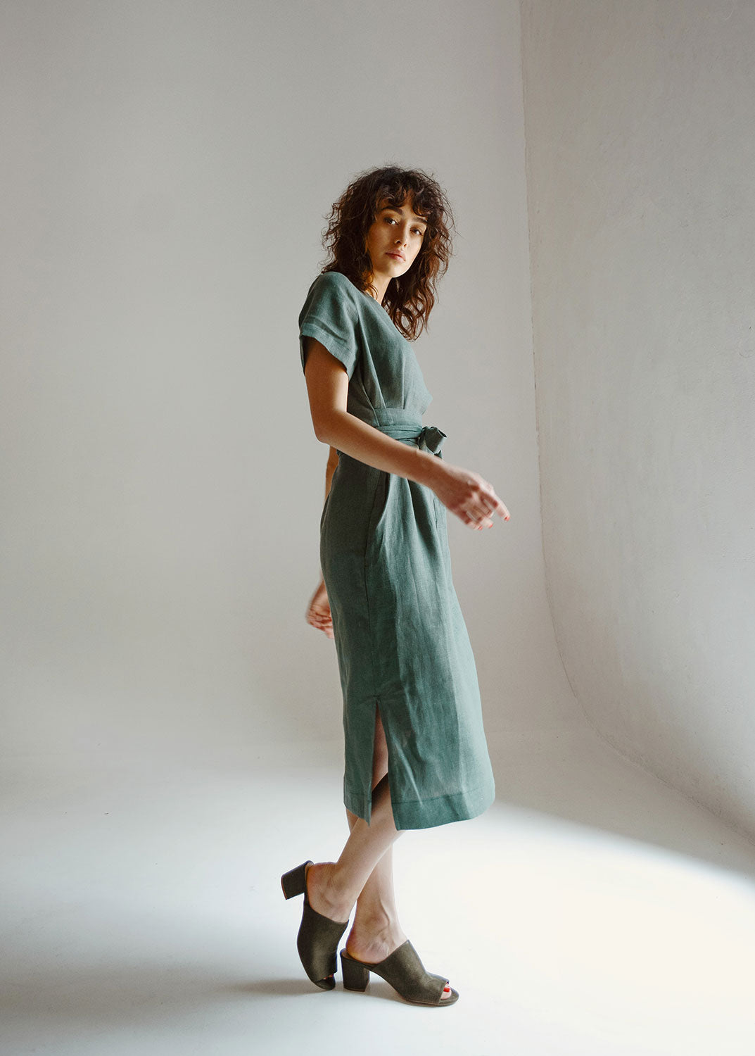 "Adelia" Linen Sage Green Midi Dress