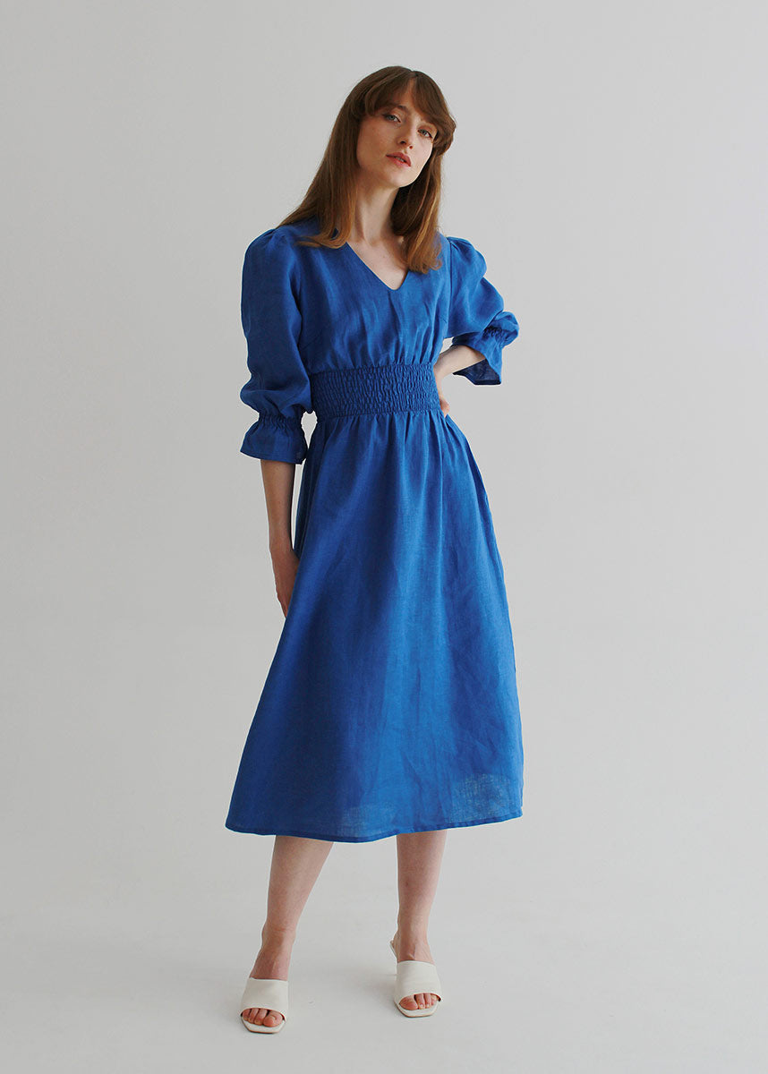 Robe midi en lin bleu taille S « Lisa »