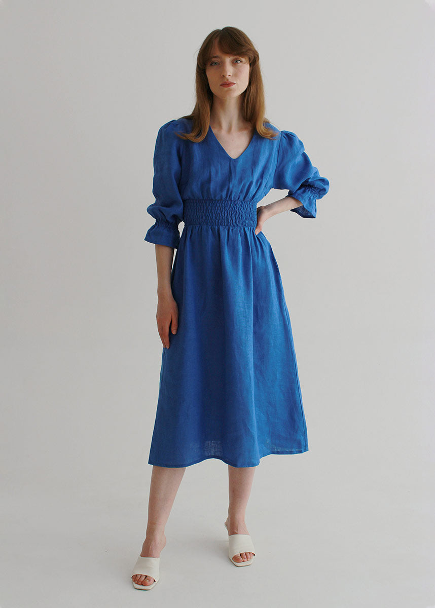 Robe midi en lin bleu taille S « Lisa »