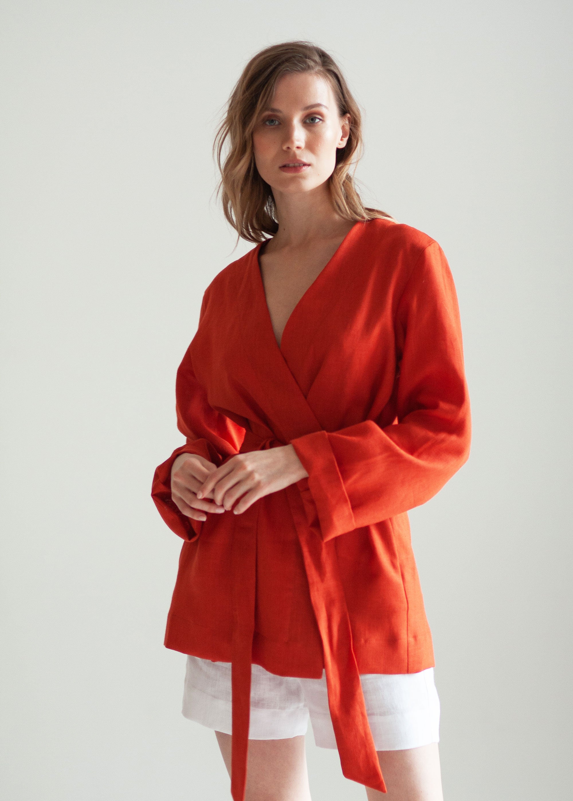 Burnt Orange Leinen-Kimonojacke