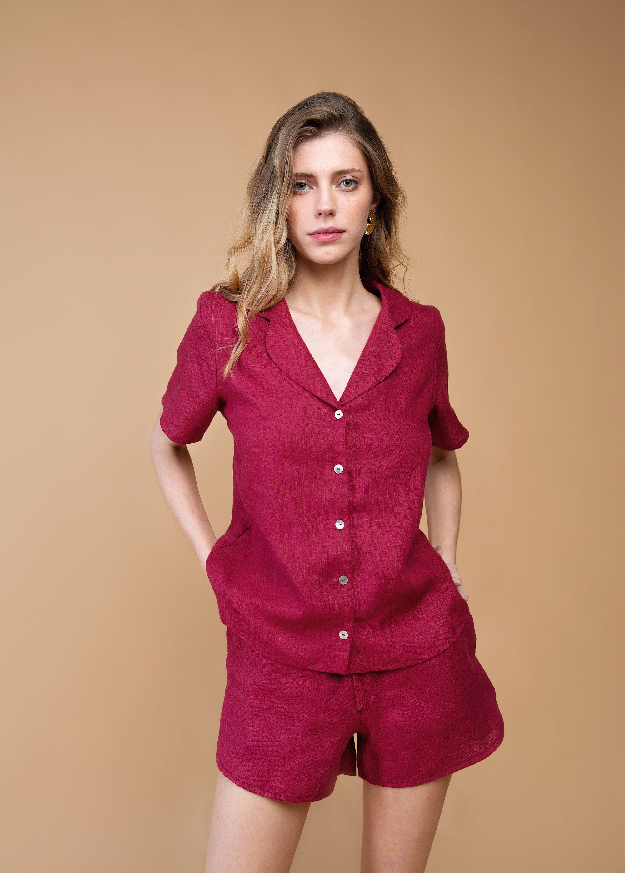 Ensemble pyjama en lin bordeaux