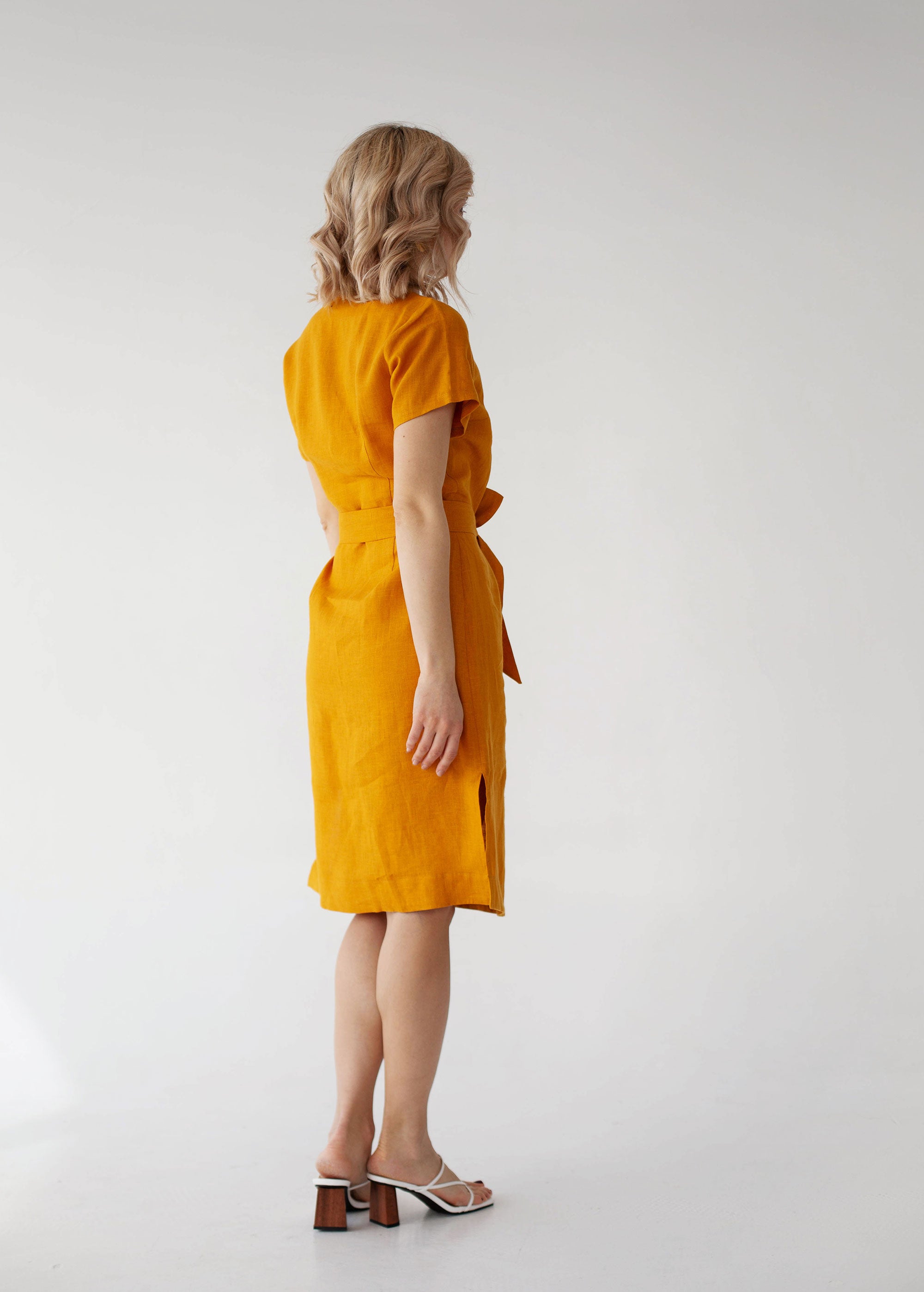 "Daisy" Mustard Button Front Linen Dress