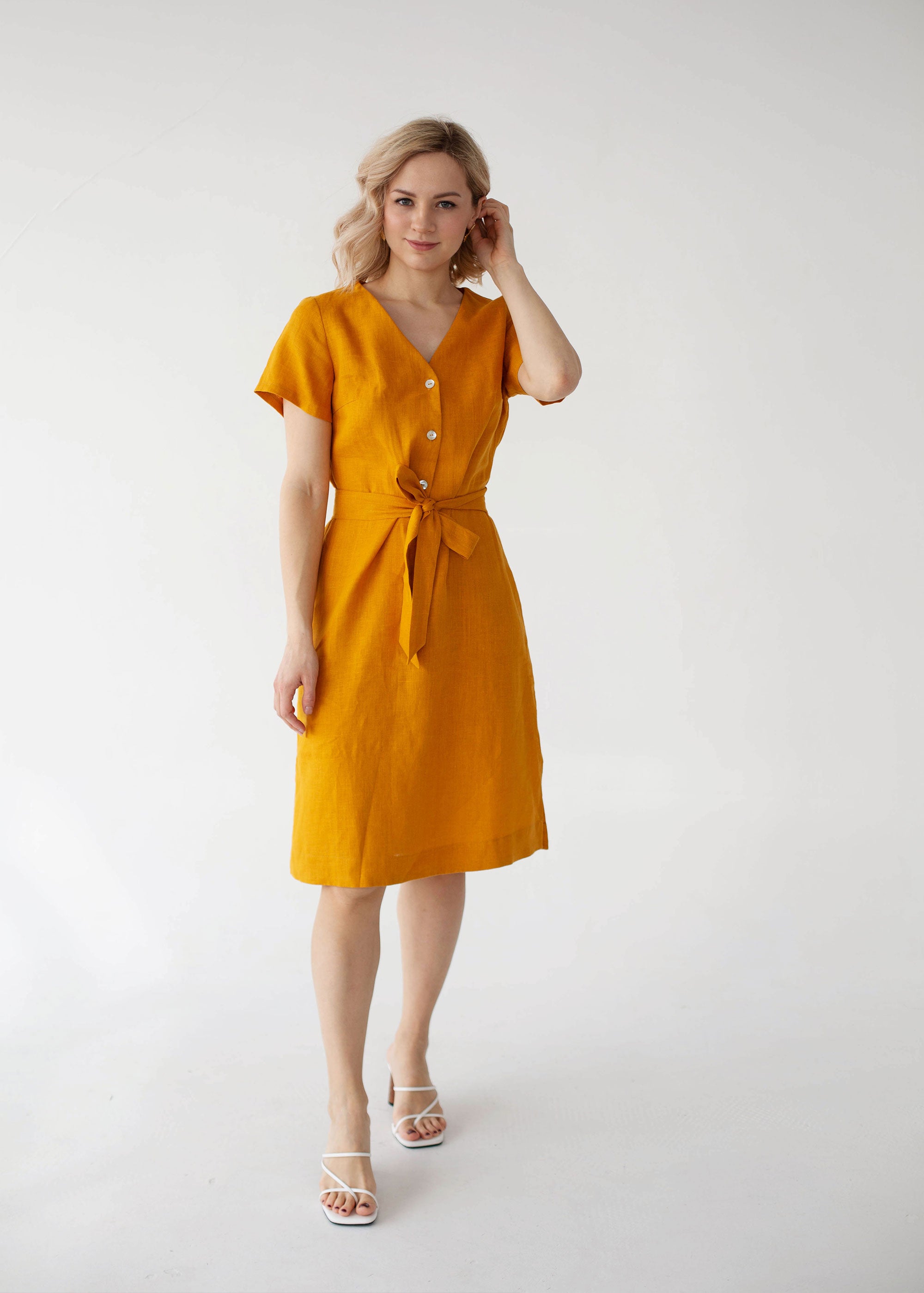 "Daisy" Mustard Button Front Linen Dress