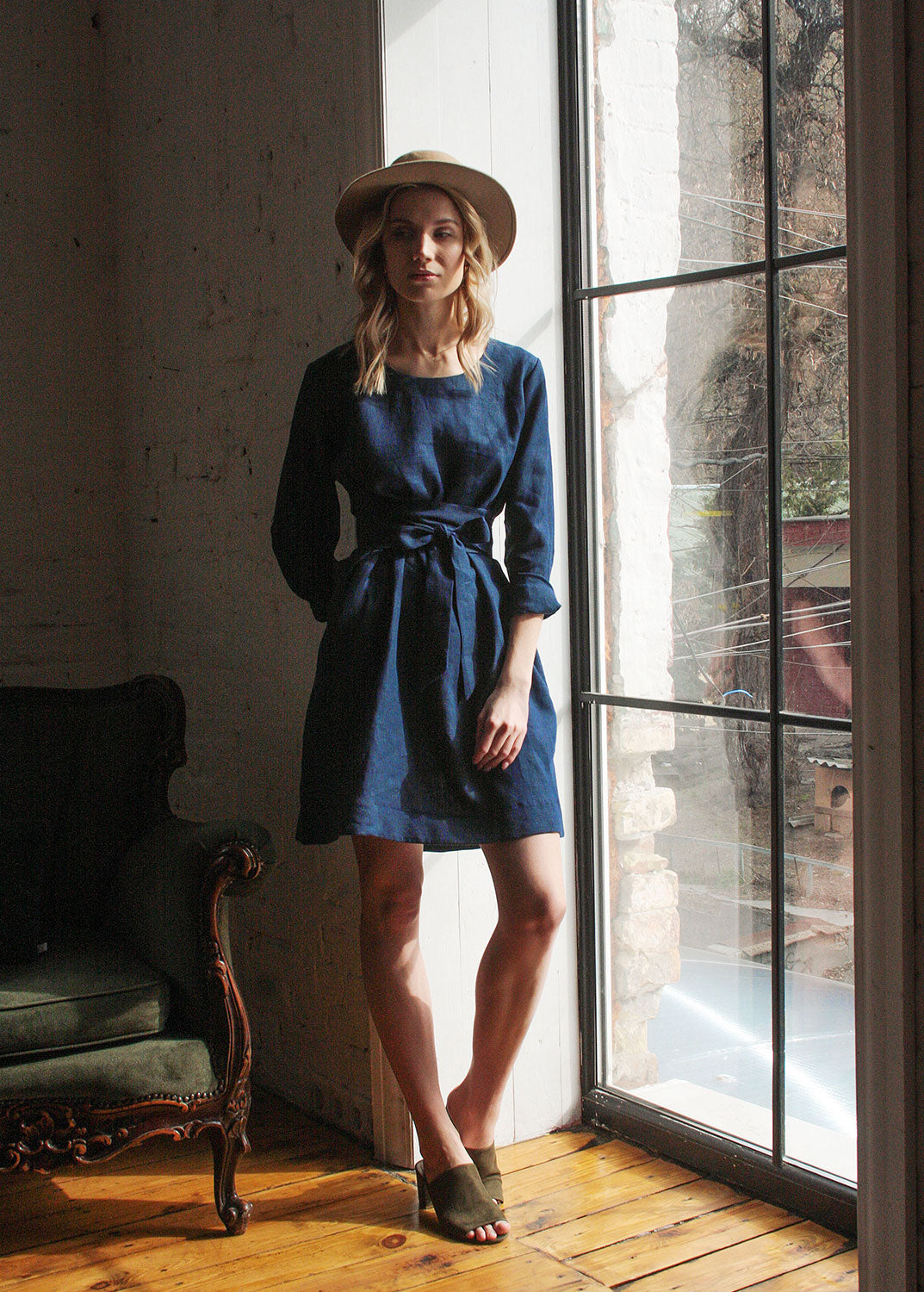 "Audrey" Linen Navy Blue Dress