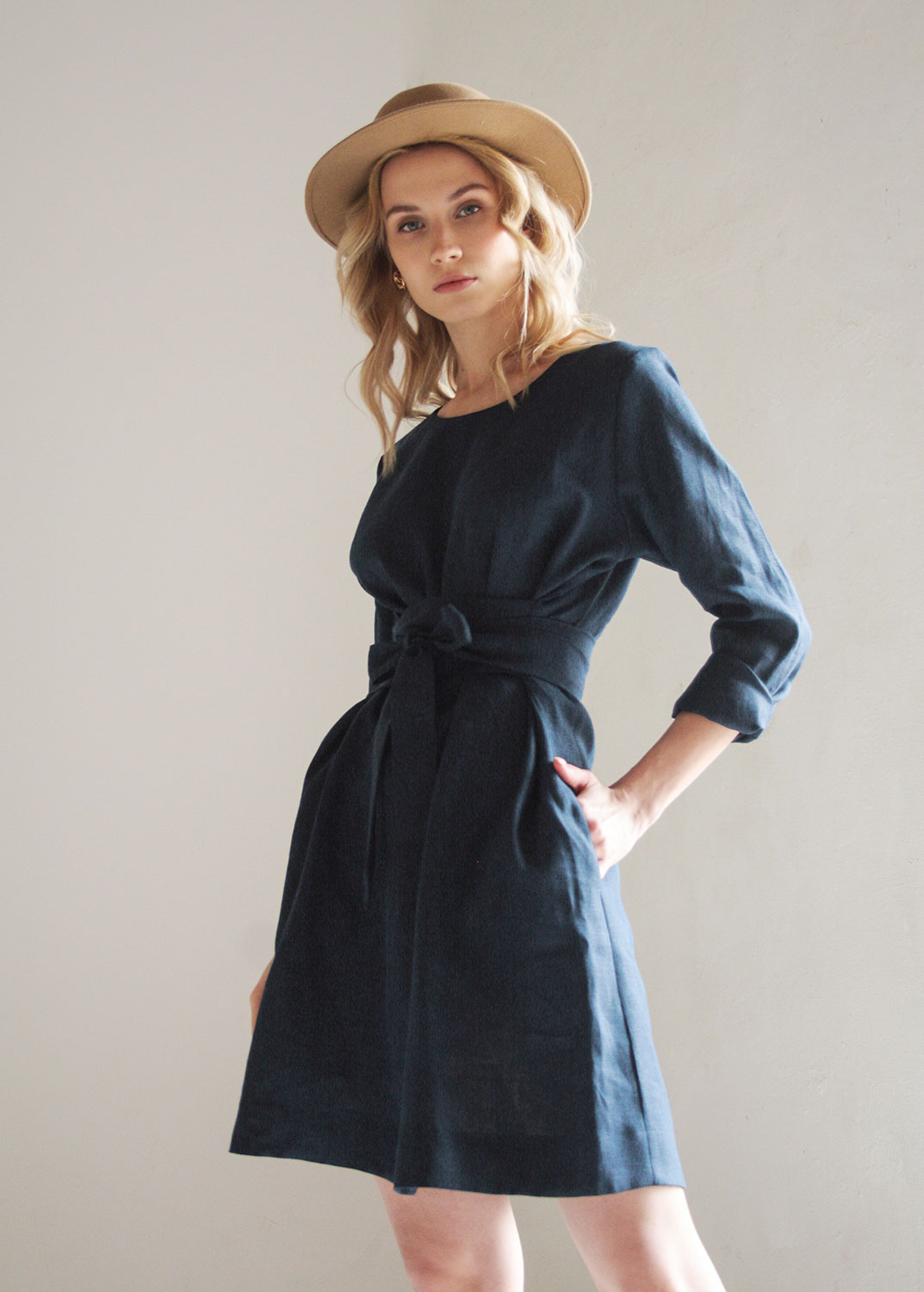 "Audrey" Linen Navy Blue Dress