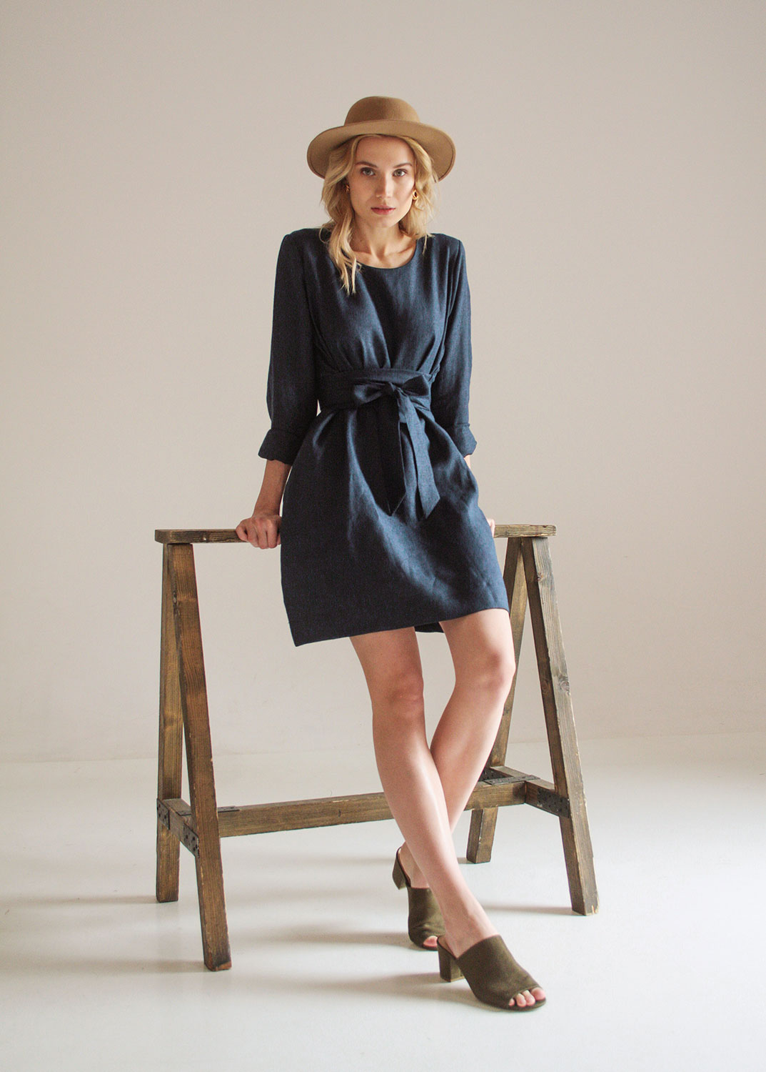 "Audrey" Linen Navy Blue Dress