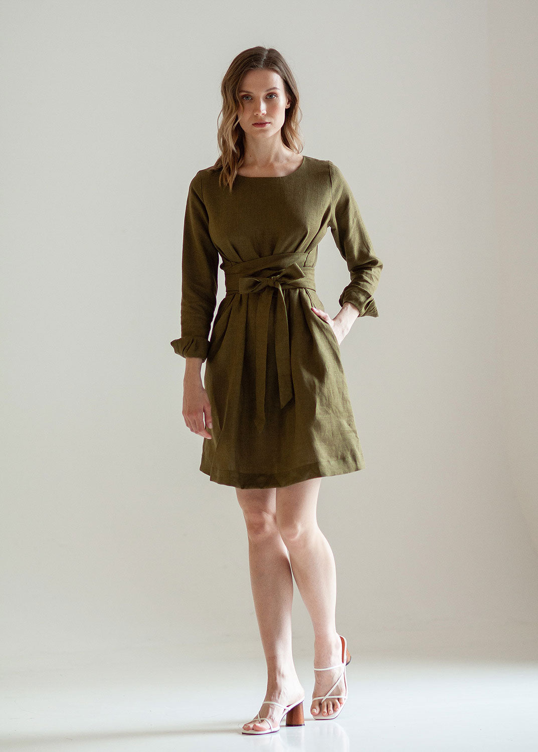 "Audrey" Khaki Green Linen Mini Dress