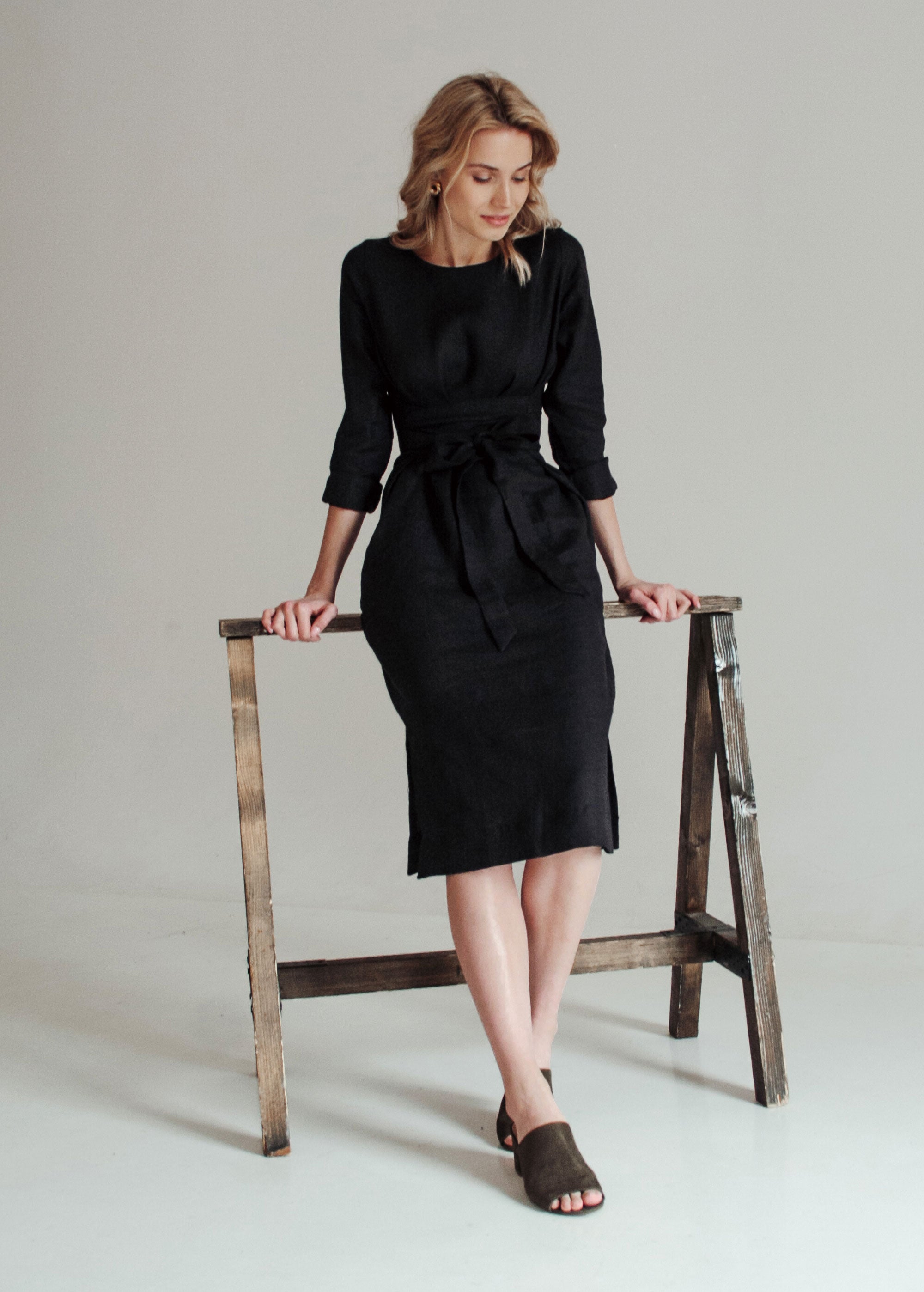 "Audrey" Black Linen Dress