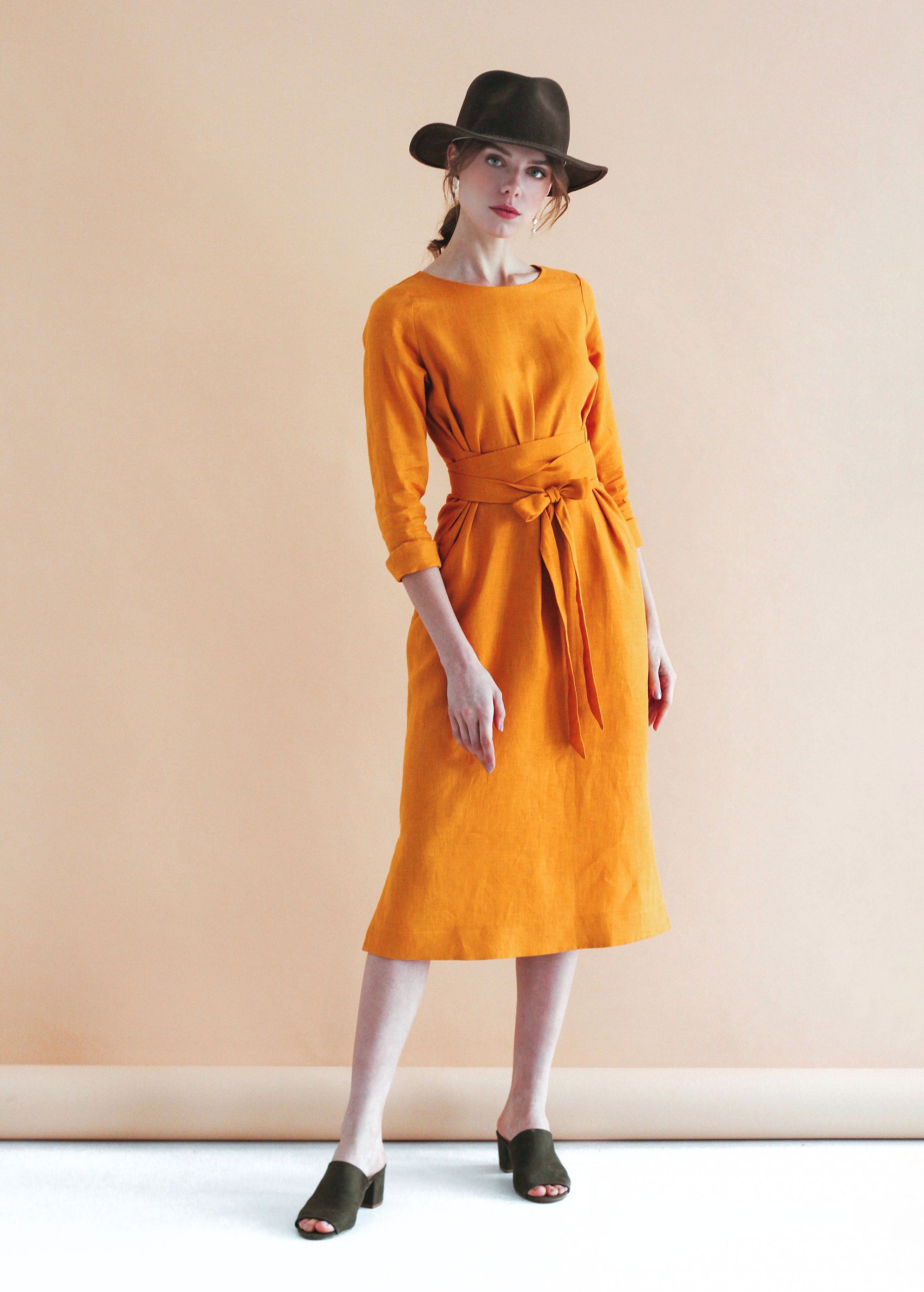 "Audrey" Mustard Yellow Midi Dress