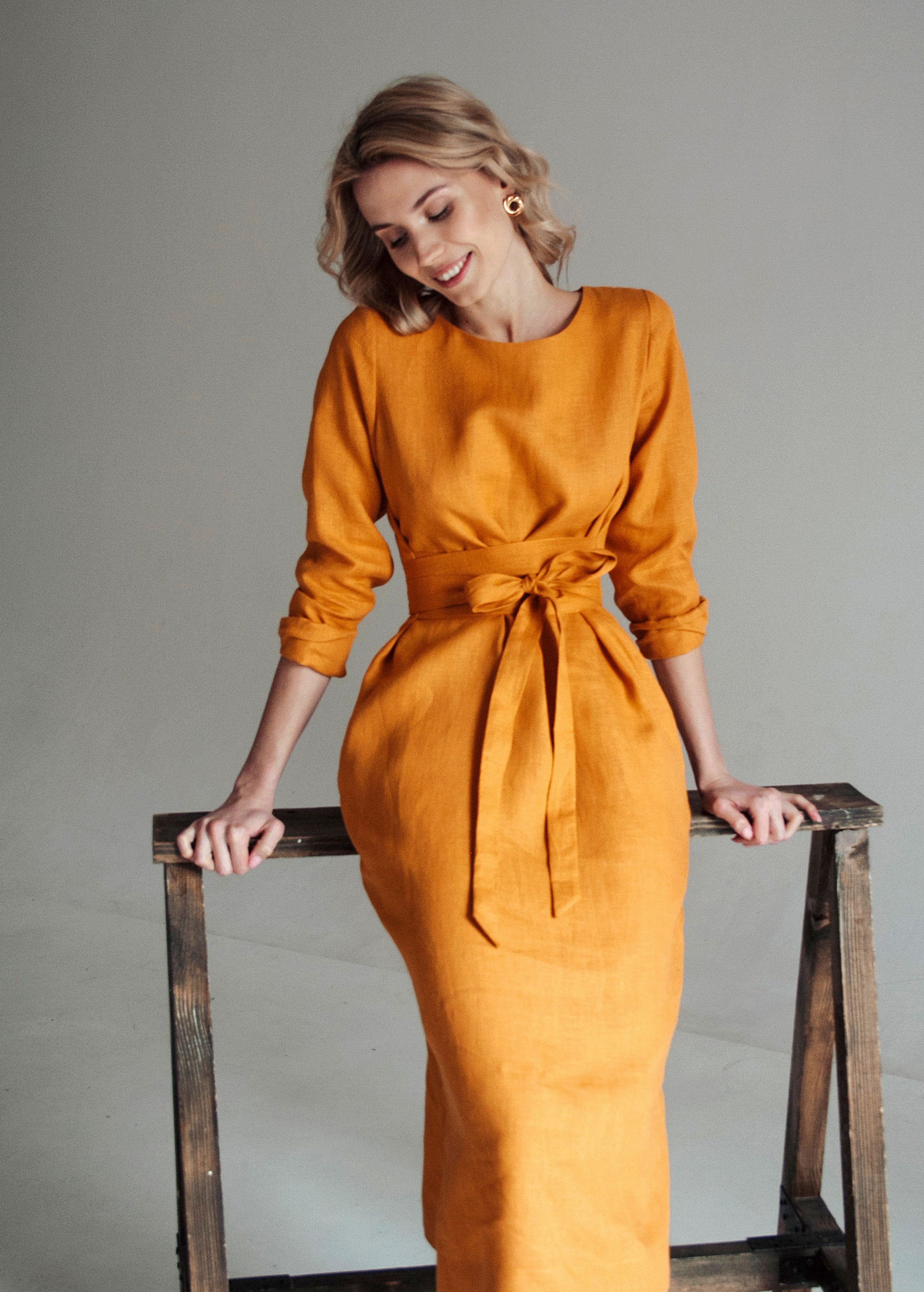 "Audrey" Mustard Yellow Midi Dress