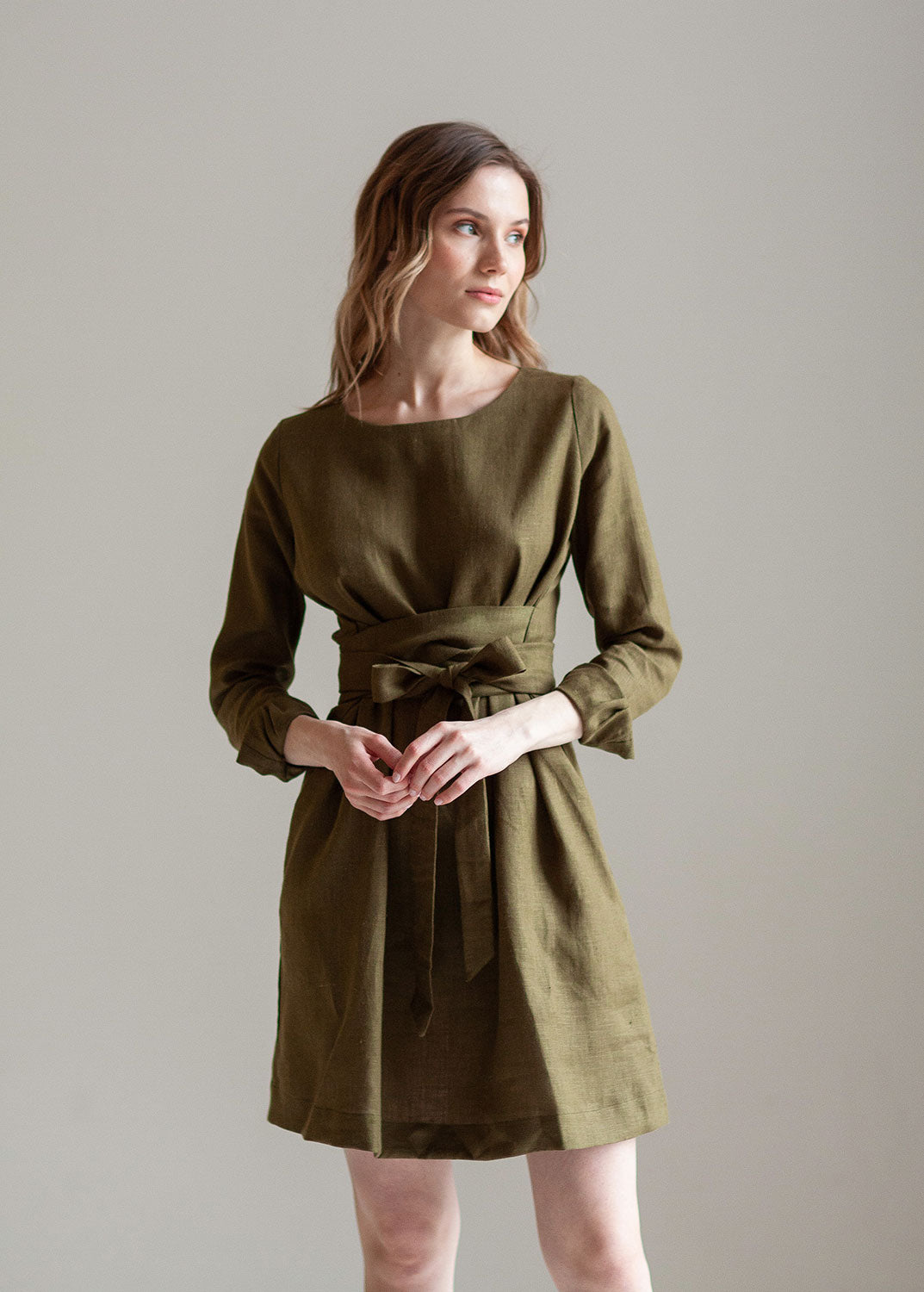 "Audrey" Khaki Green Linen Mini Dress