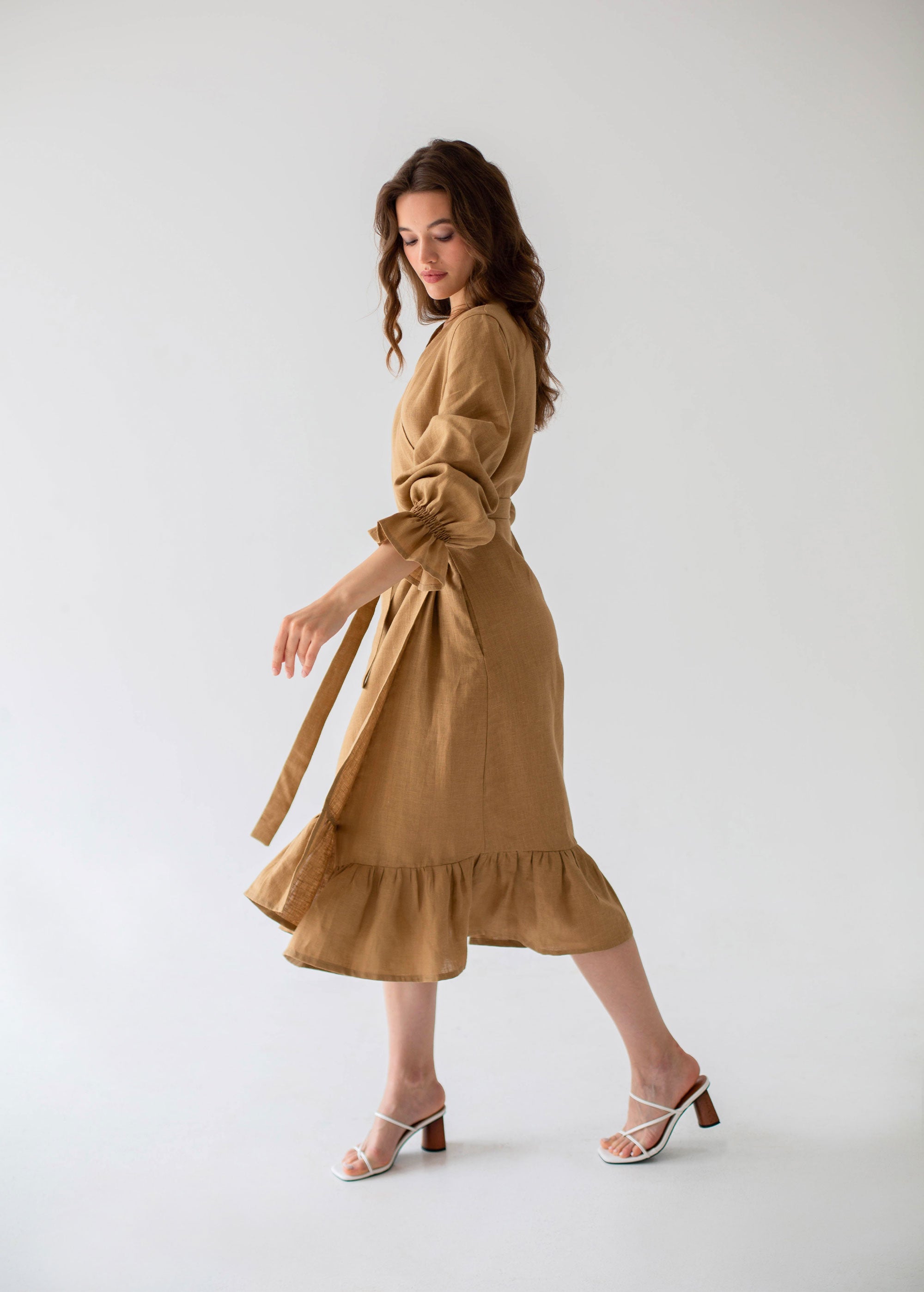 S/M "Jennifer" Sand Linen Midi Wrap Dress