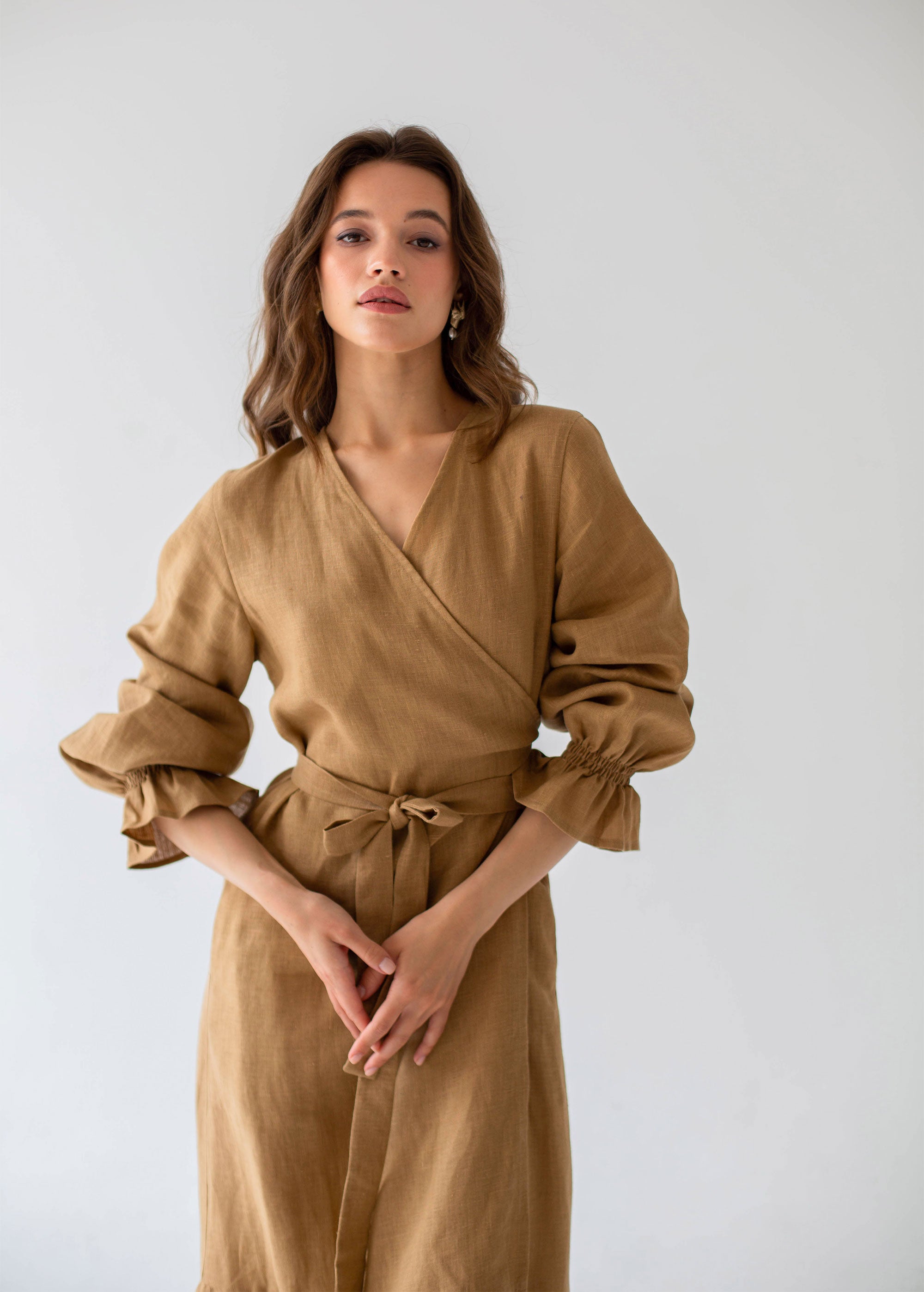 "Jennifer" Sand Linen Midi Wrap Dress