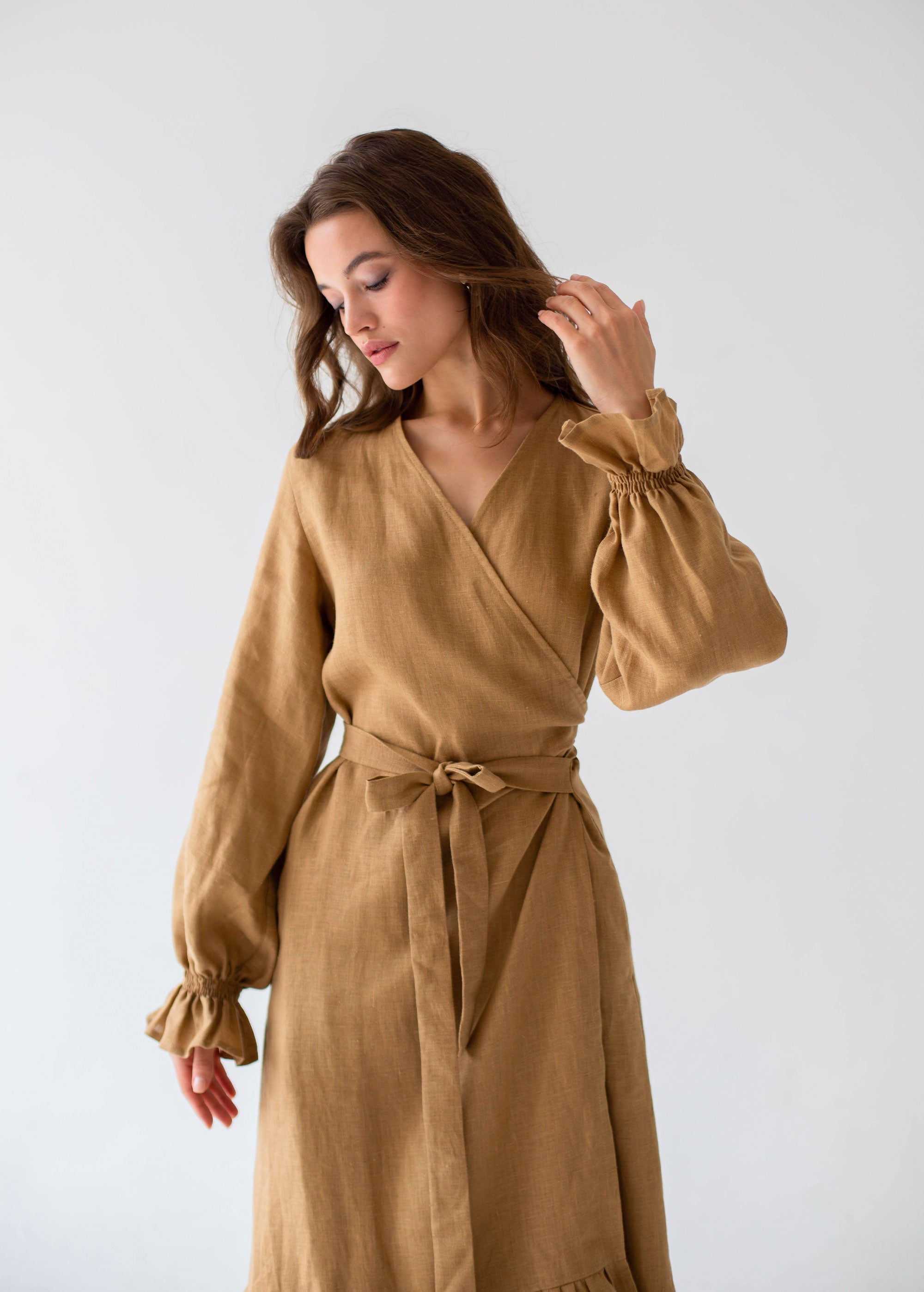 S/M "Jennifer" Sand Linen Midi Wrap Dress