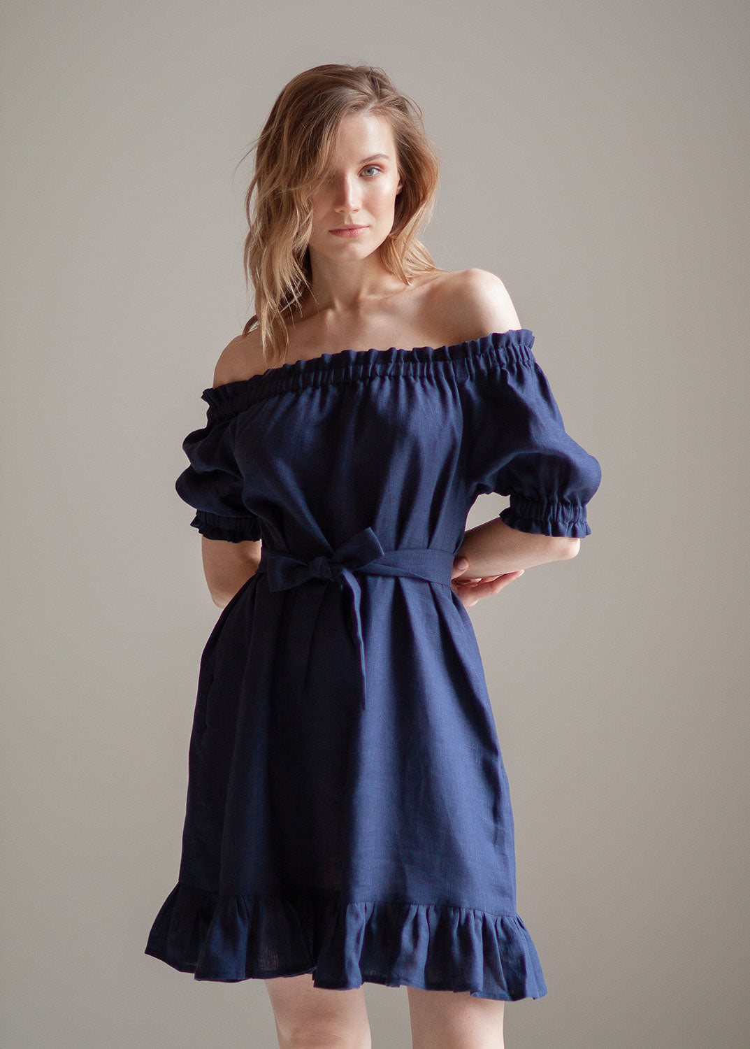 "Lia" Navy Blue Off the Shoulder Linen Dress