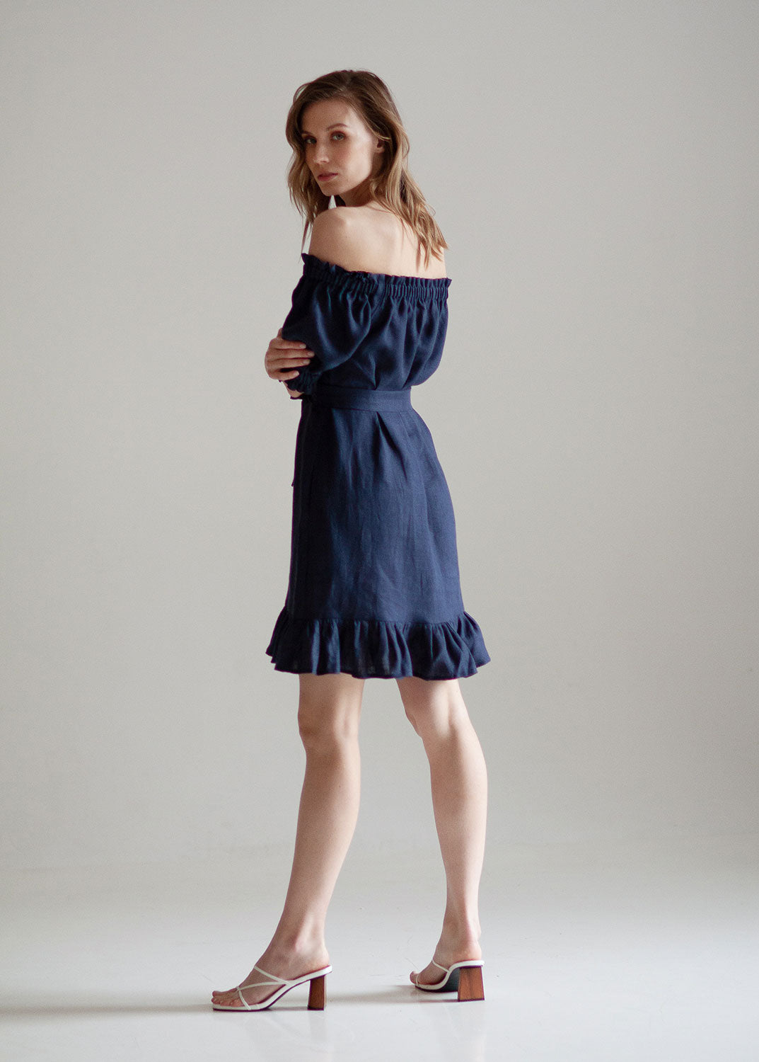 "Lia" Navy Blue Off the Shoulder Linen Dress