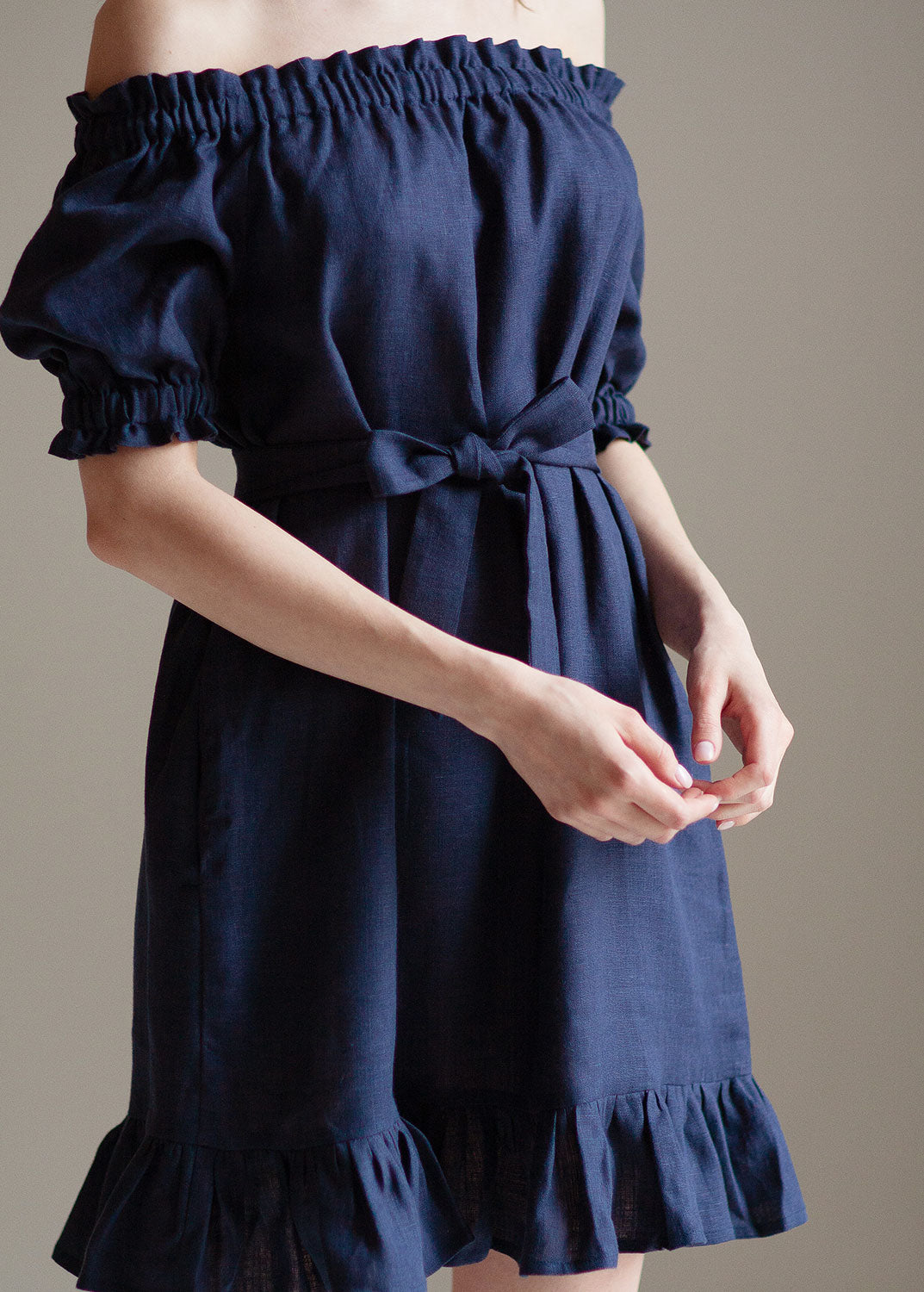 "Lia" Navy Blue Off the Shoulder Linen Dress