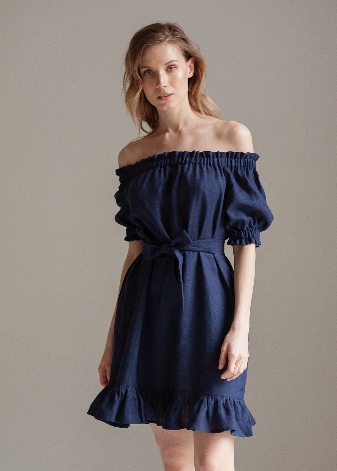 "Lia" Navy Blue Off the Shoulder Linen Dress