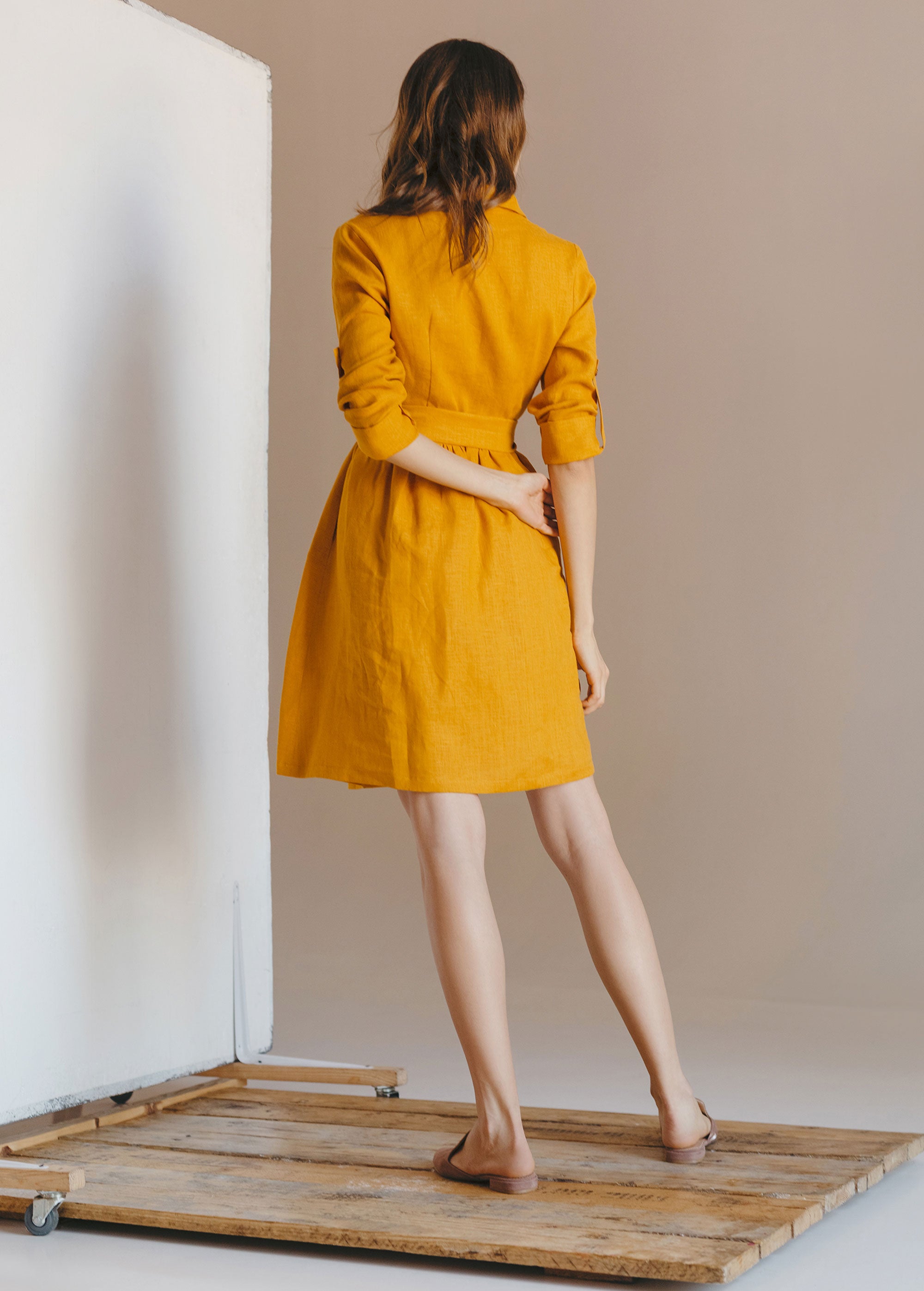 "Lily" Mustard Yellow Mini Dress with buttons