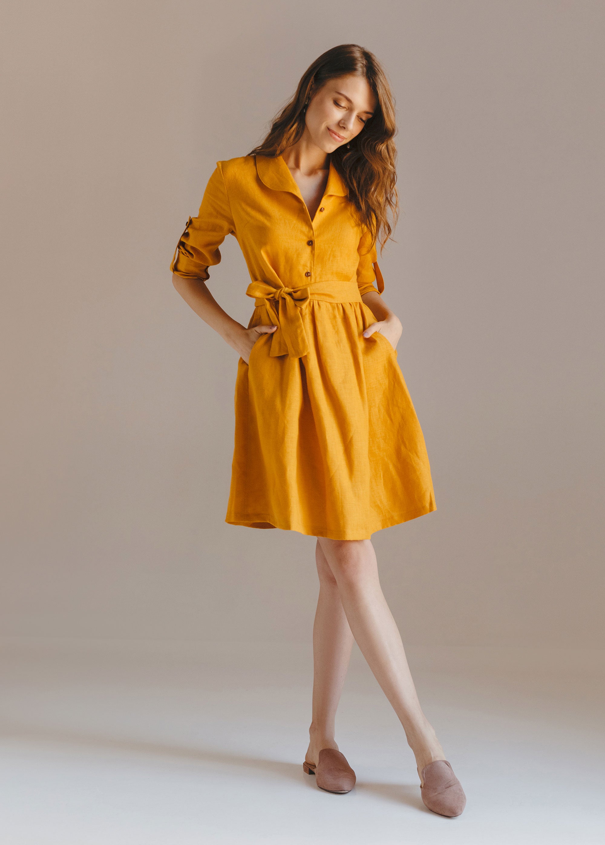 "Lily" Mustard Yellow Mini Dress with buttons