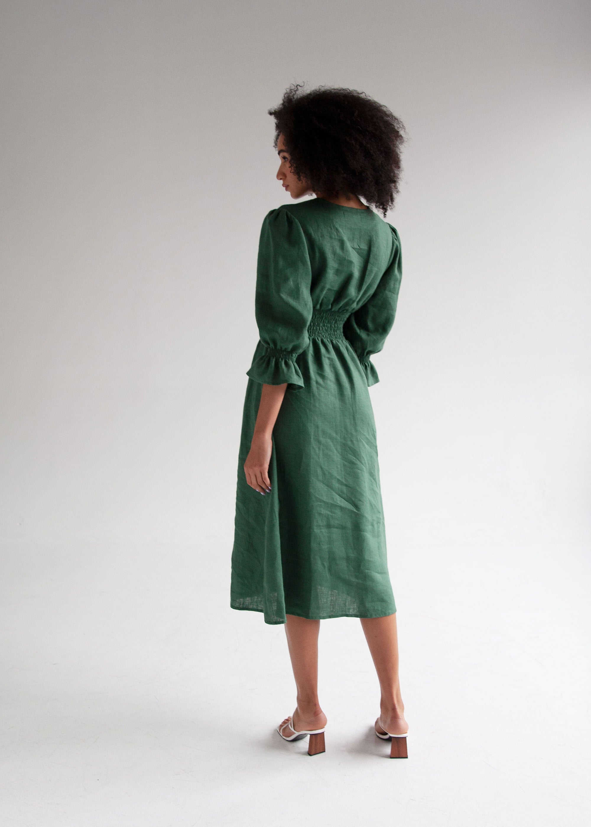 "Lisa" Greeny Linen Midi Dress