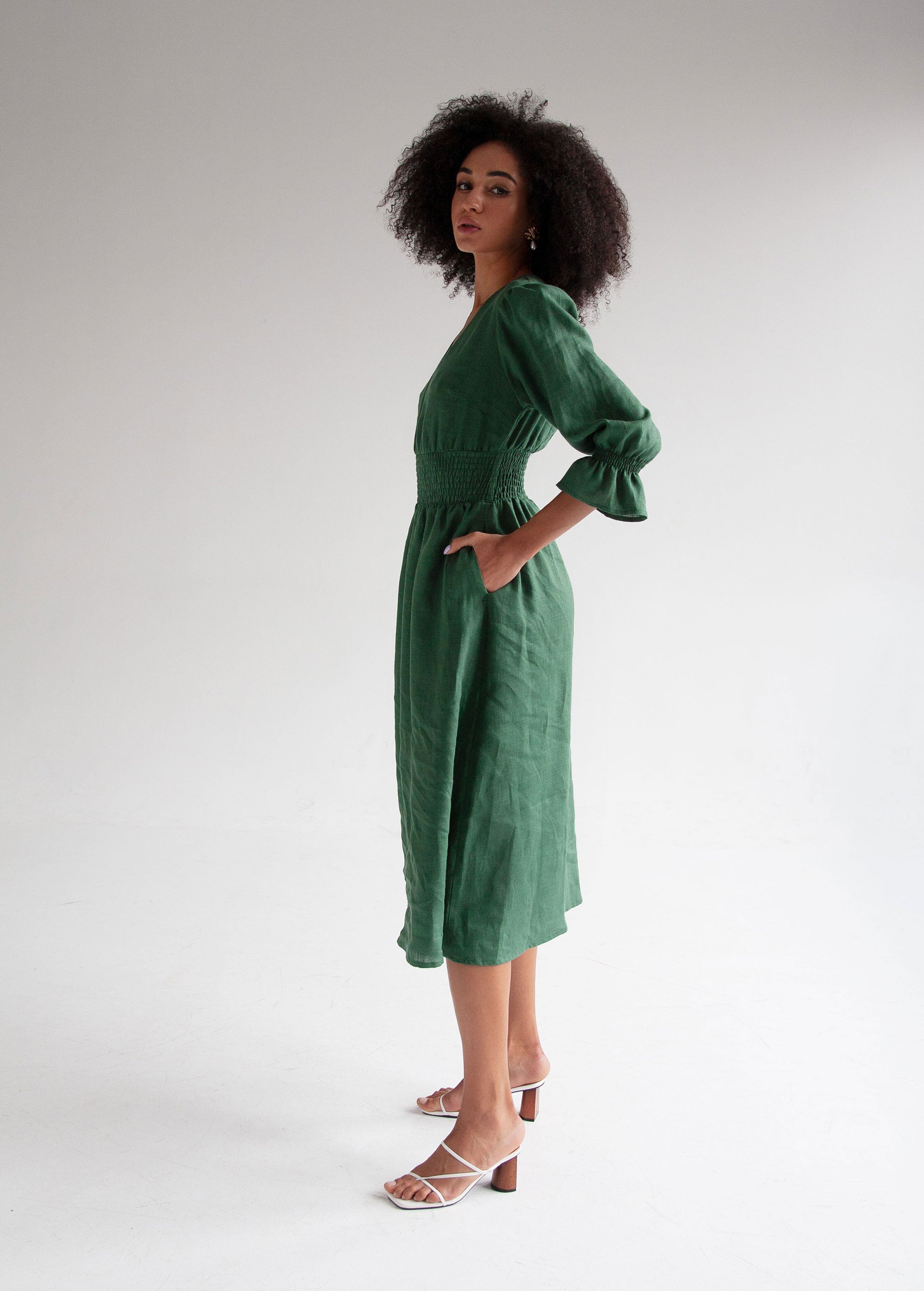 "Lisa" Greeny Linen Midi Dress