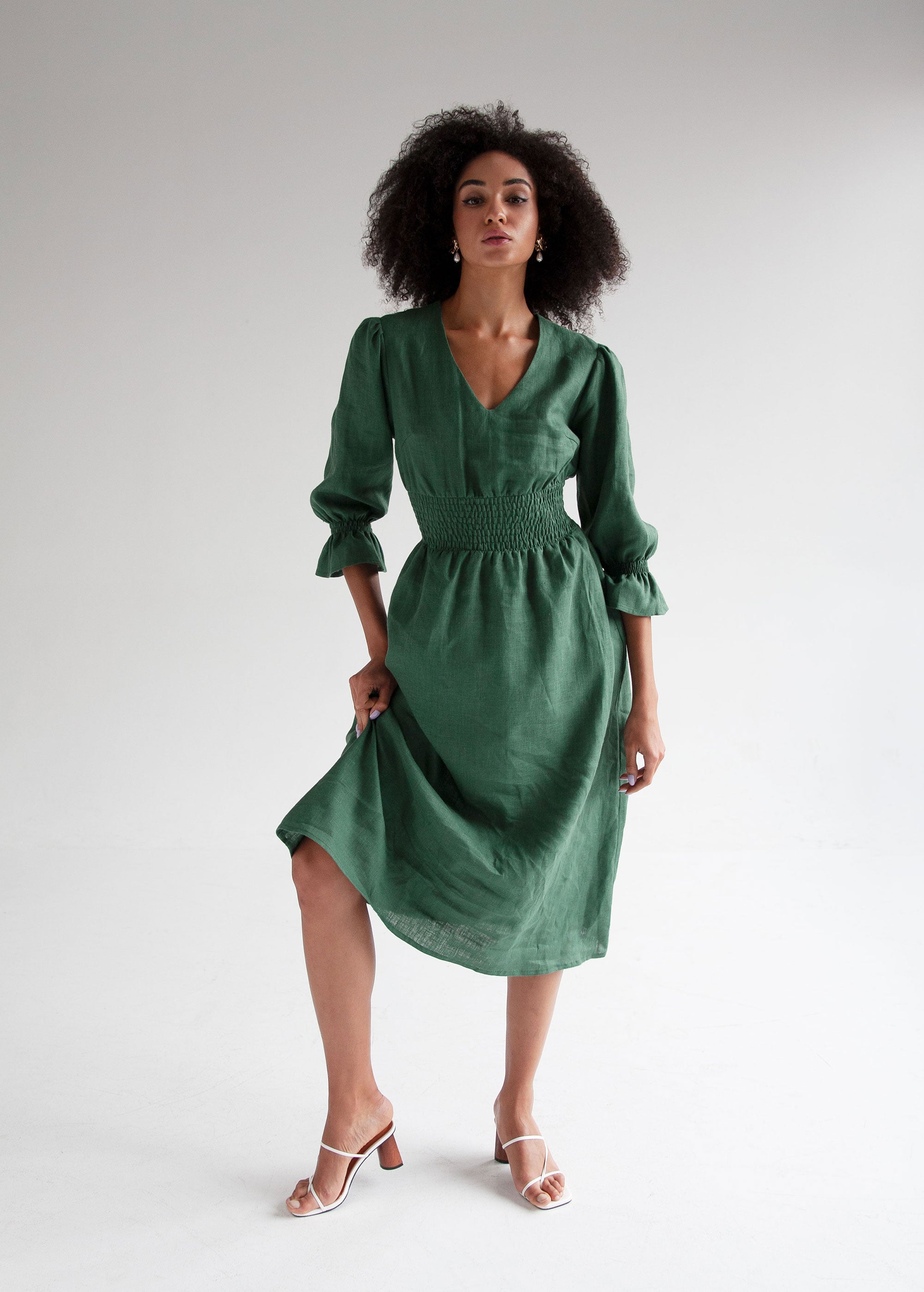 "Lisa" Greeny Linen Midi Dress