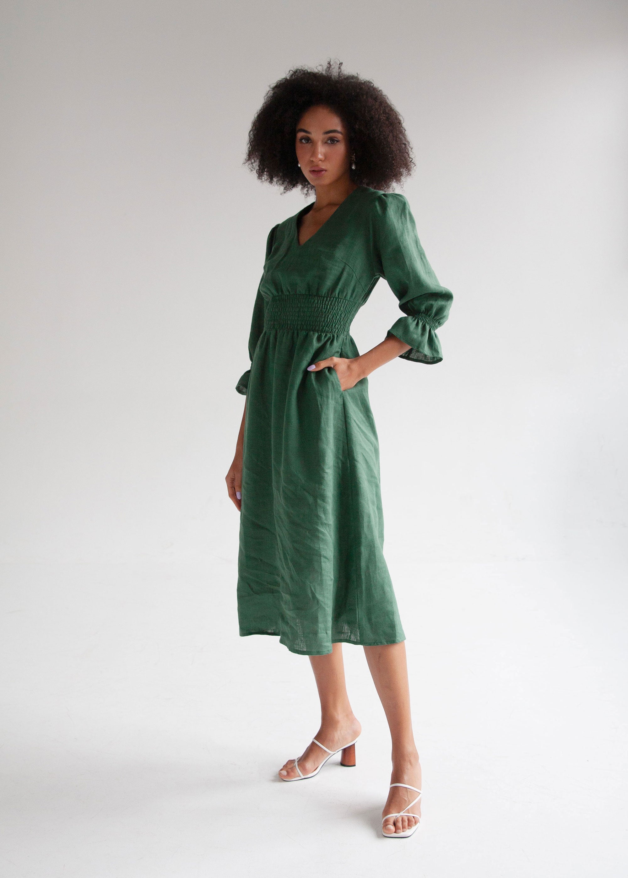 "Lisa" Greeny Linen Midi Dress