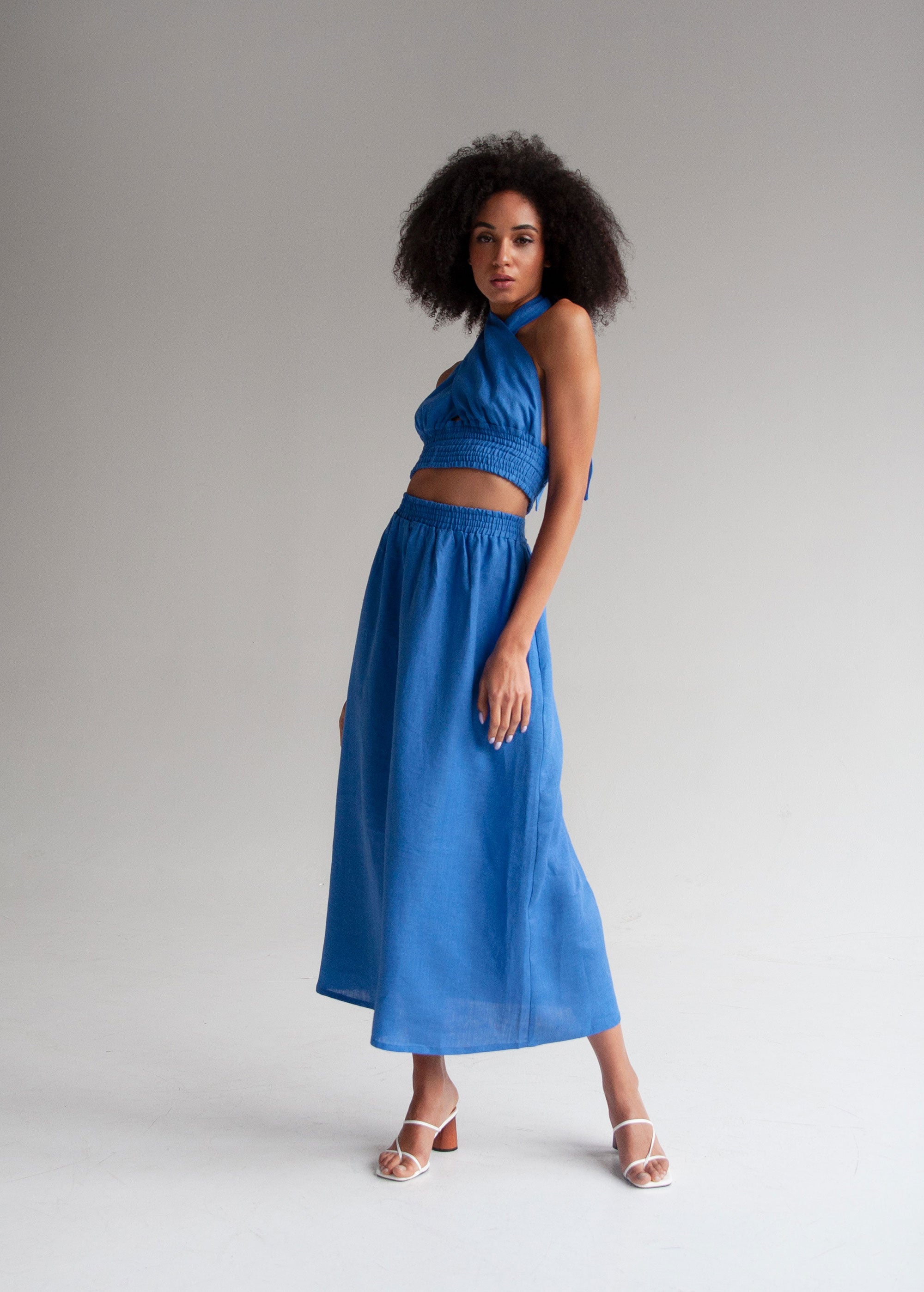 "Luna" Blue Linen Skirt Set