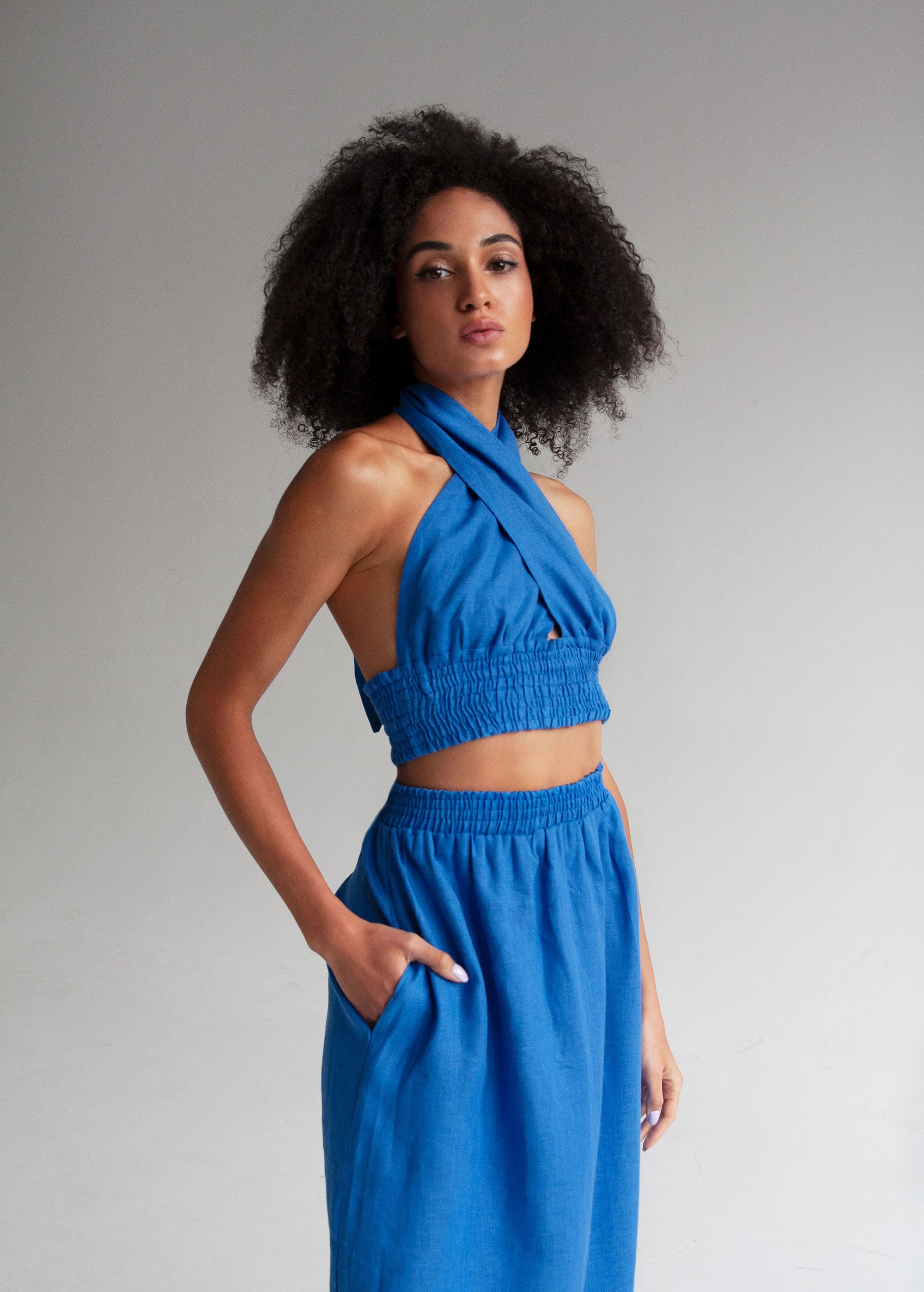 "Luna" Blue Linen Skirt Set