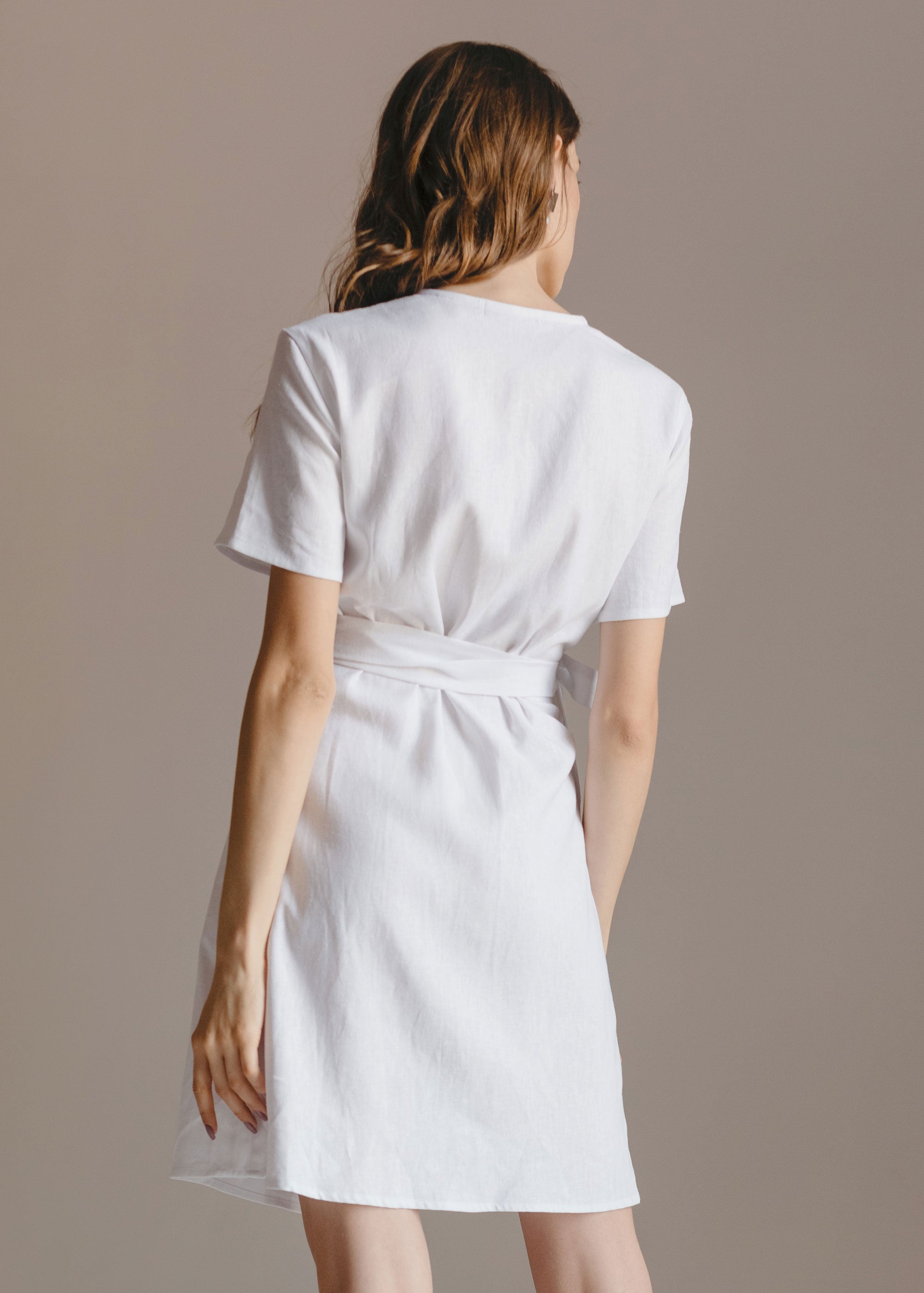 "Zoey" White Linen Mini Wrap Dress